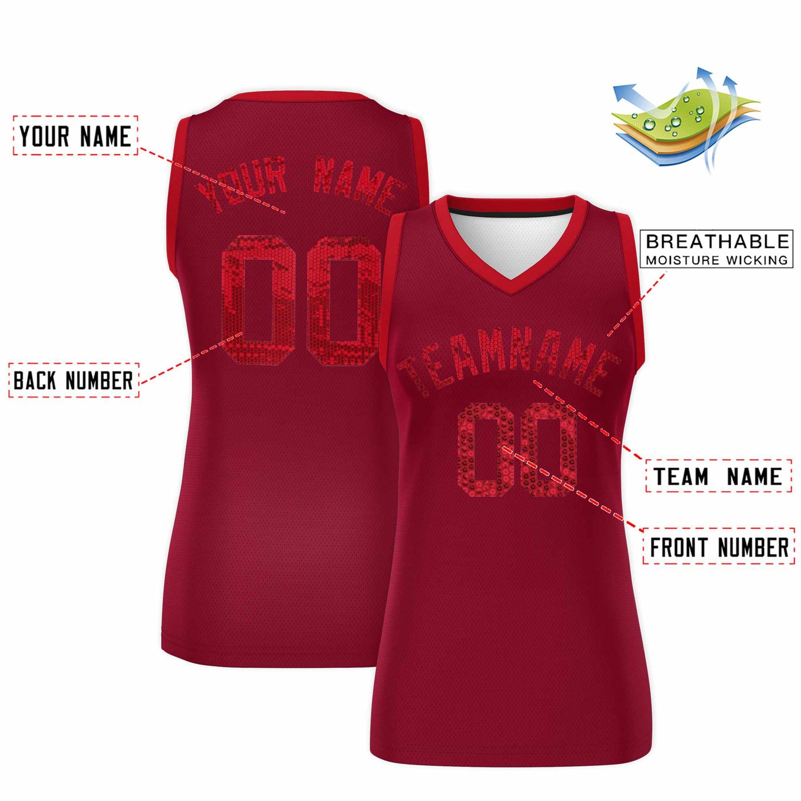 Custom Crimson Red Women Basketball Jersey Sequined Dress