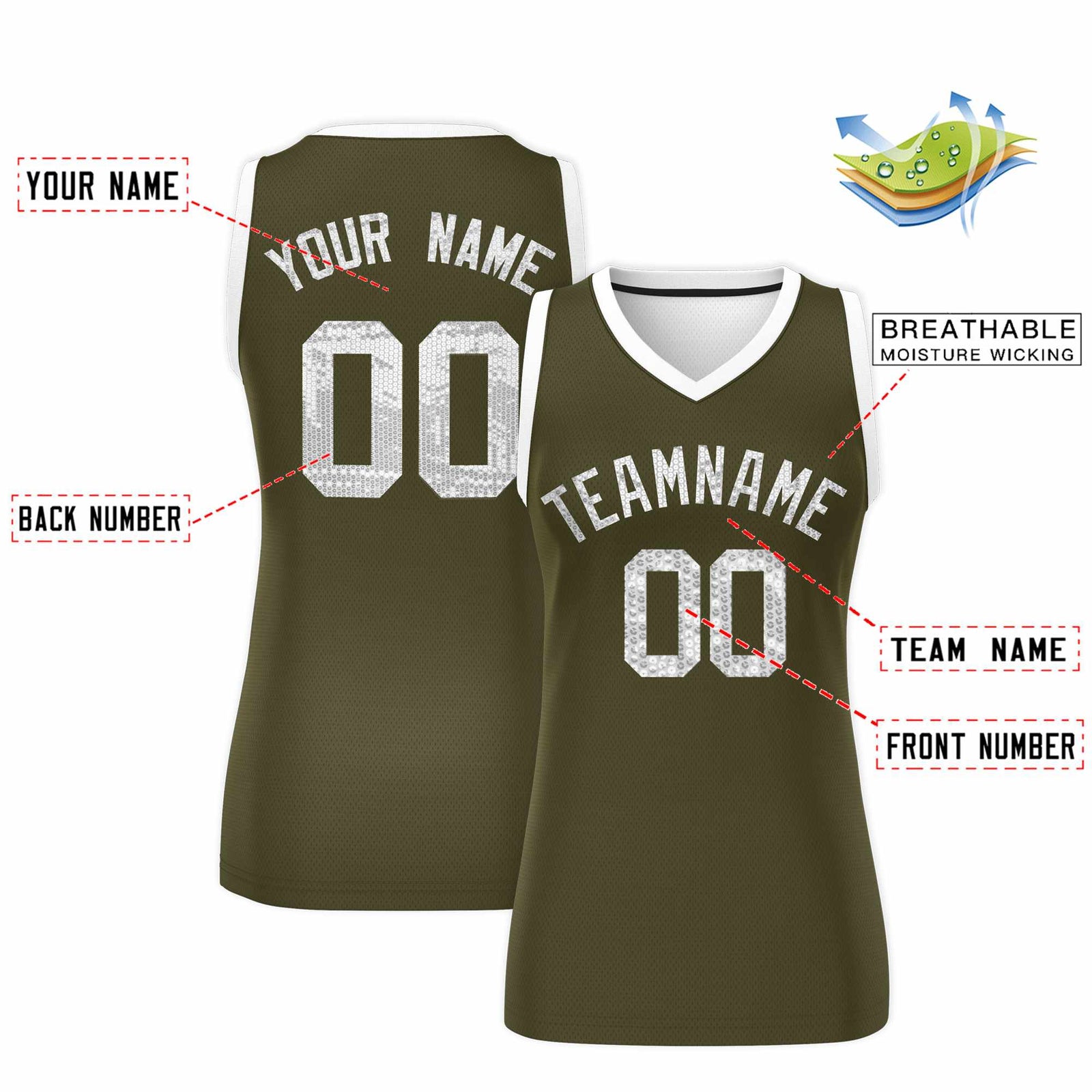 Custom Olive White Women Basketball Jersey Sequined Dress