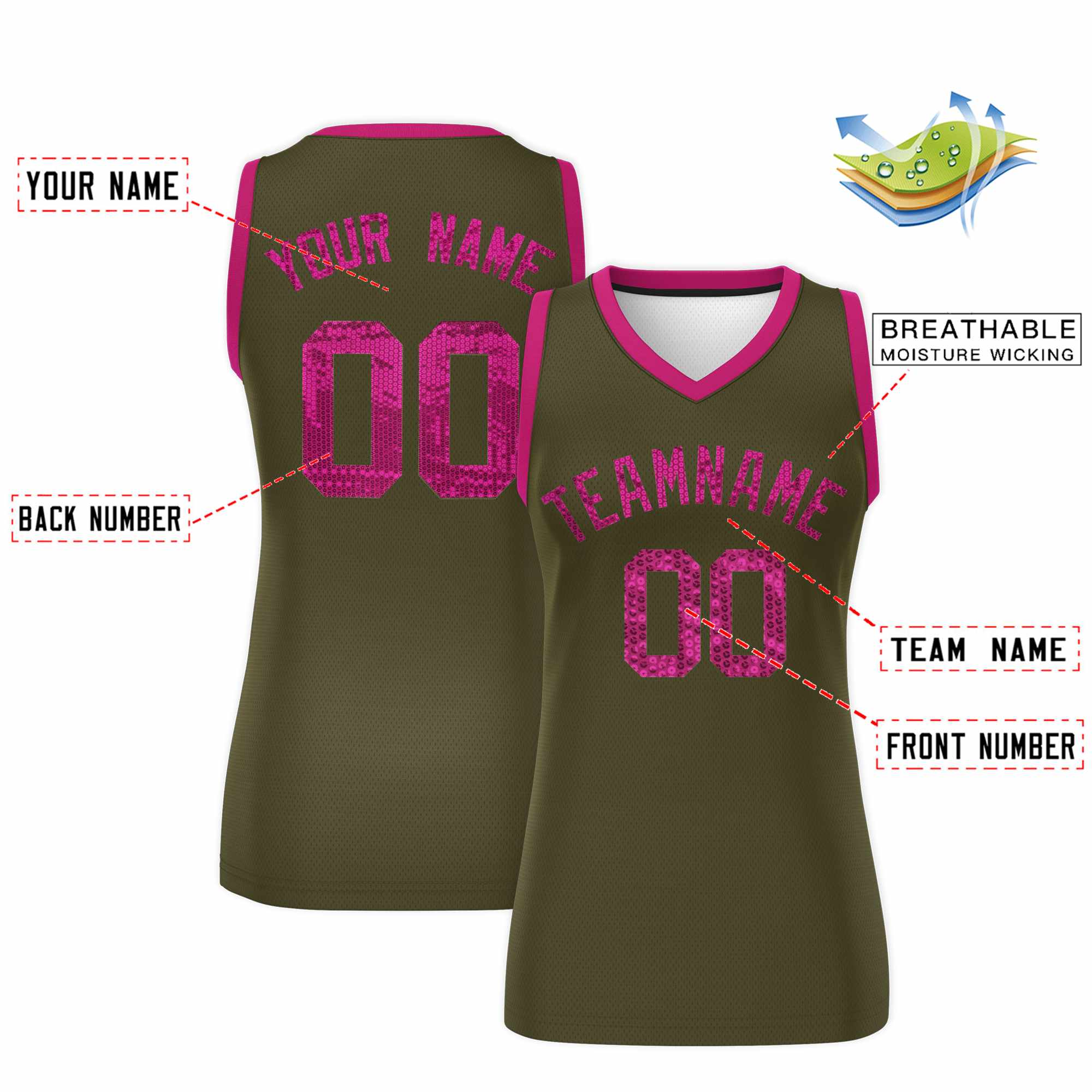Custom Olive Pink Women Basketball Jersey Sequined Dress
