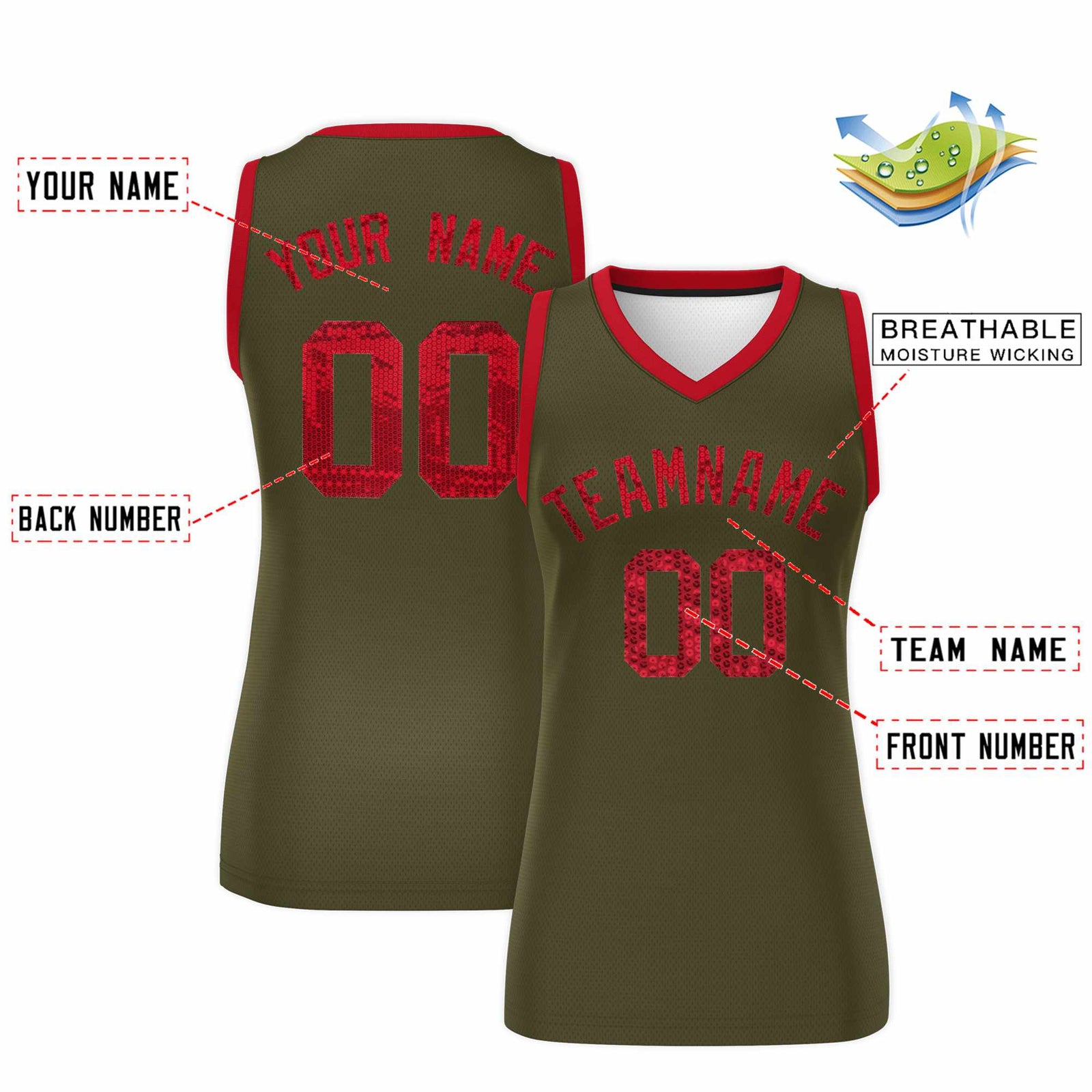 Custom Olive Red Women Basketball Jersey Sequined Dress