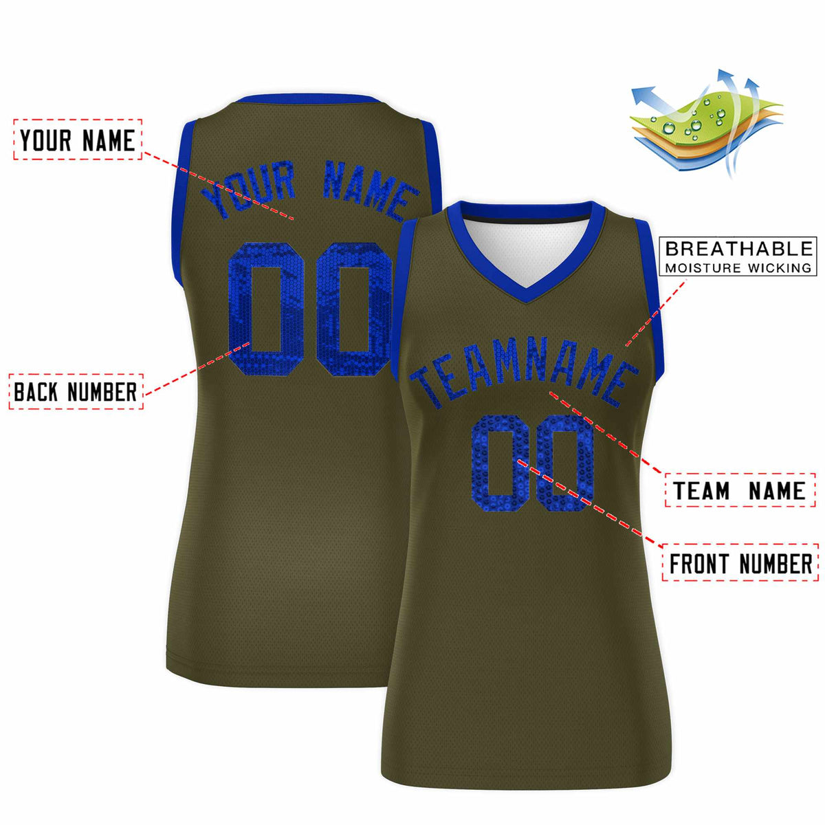 Custom Olive Royal Women Basketball Jersey Sequined Dress