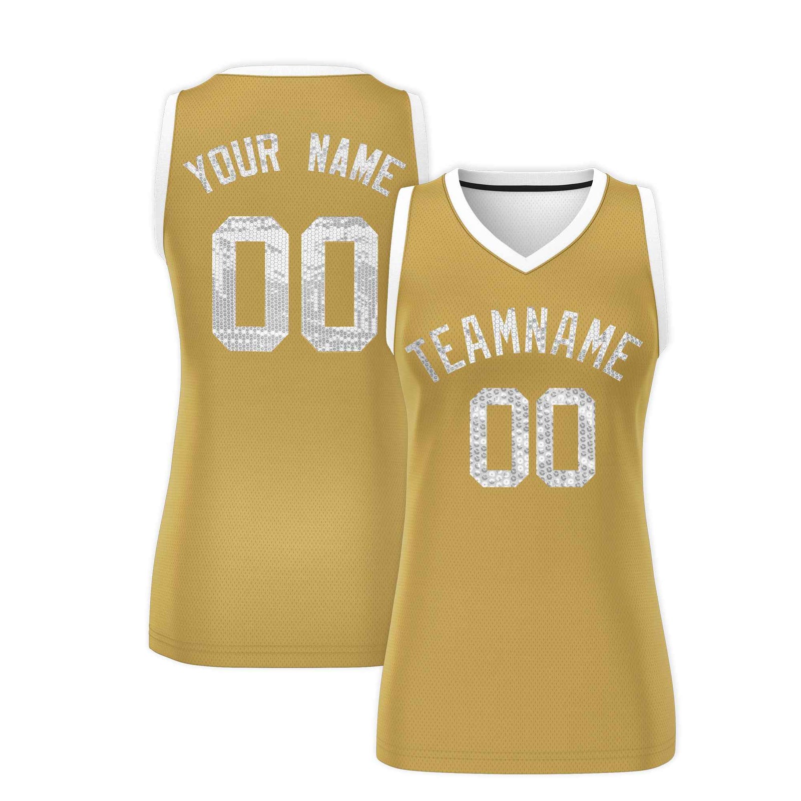 Custom Old Gold White Women Basketball Jersey Sequined Dress