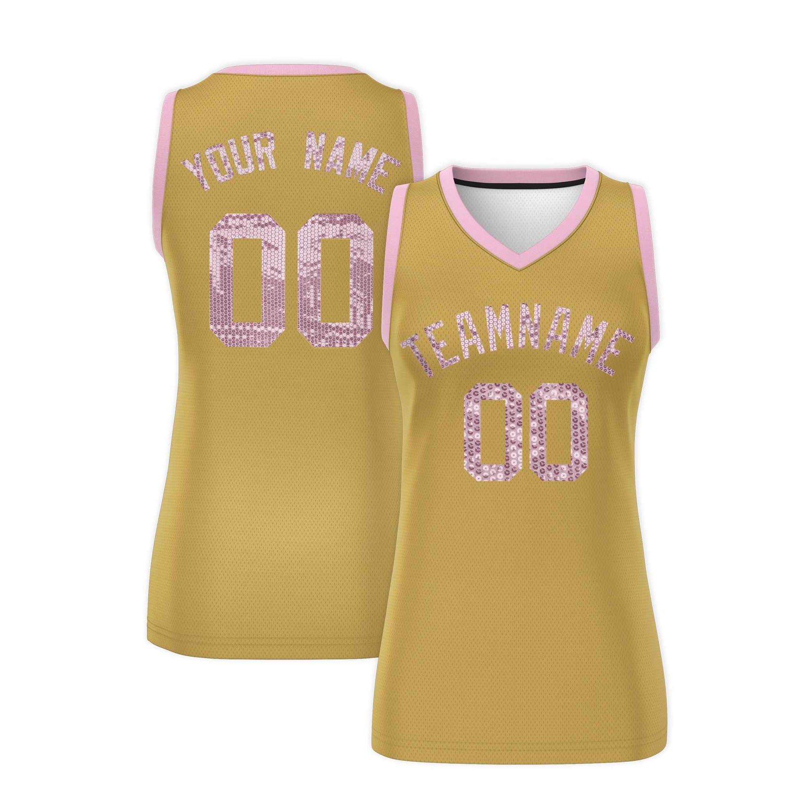 Custom Old Gold Light Pink Women Basketball Jersey Sequined Dress