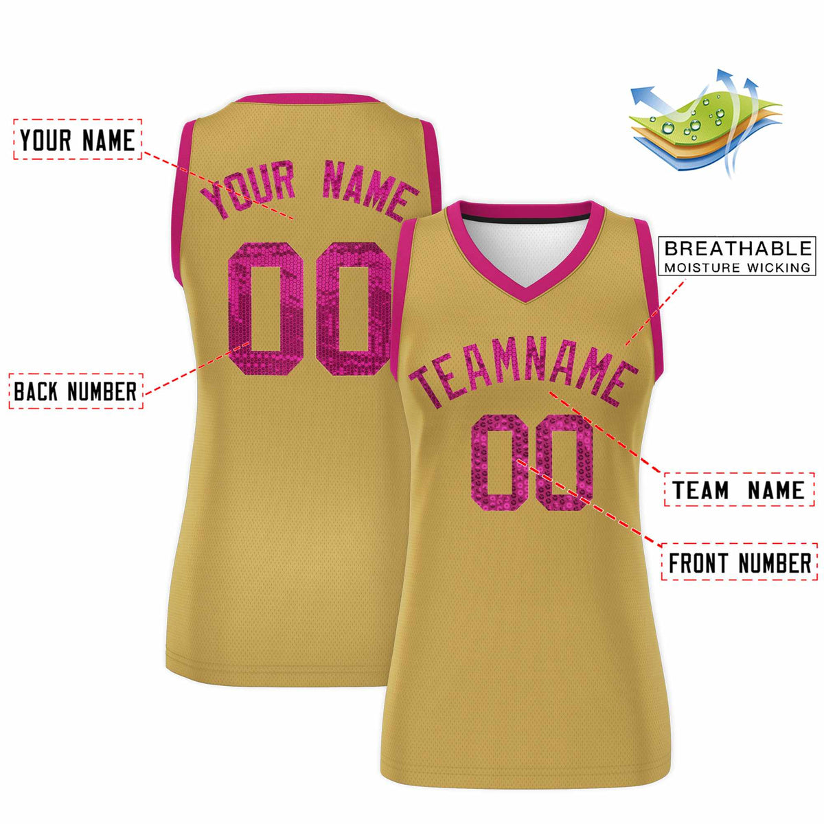 Custom Old Gold Pink Women Basketball Jersey Sequined Dress