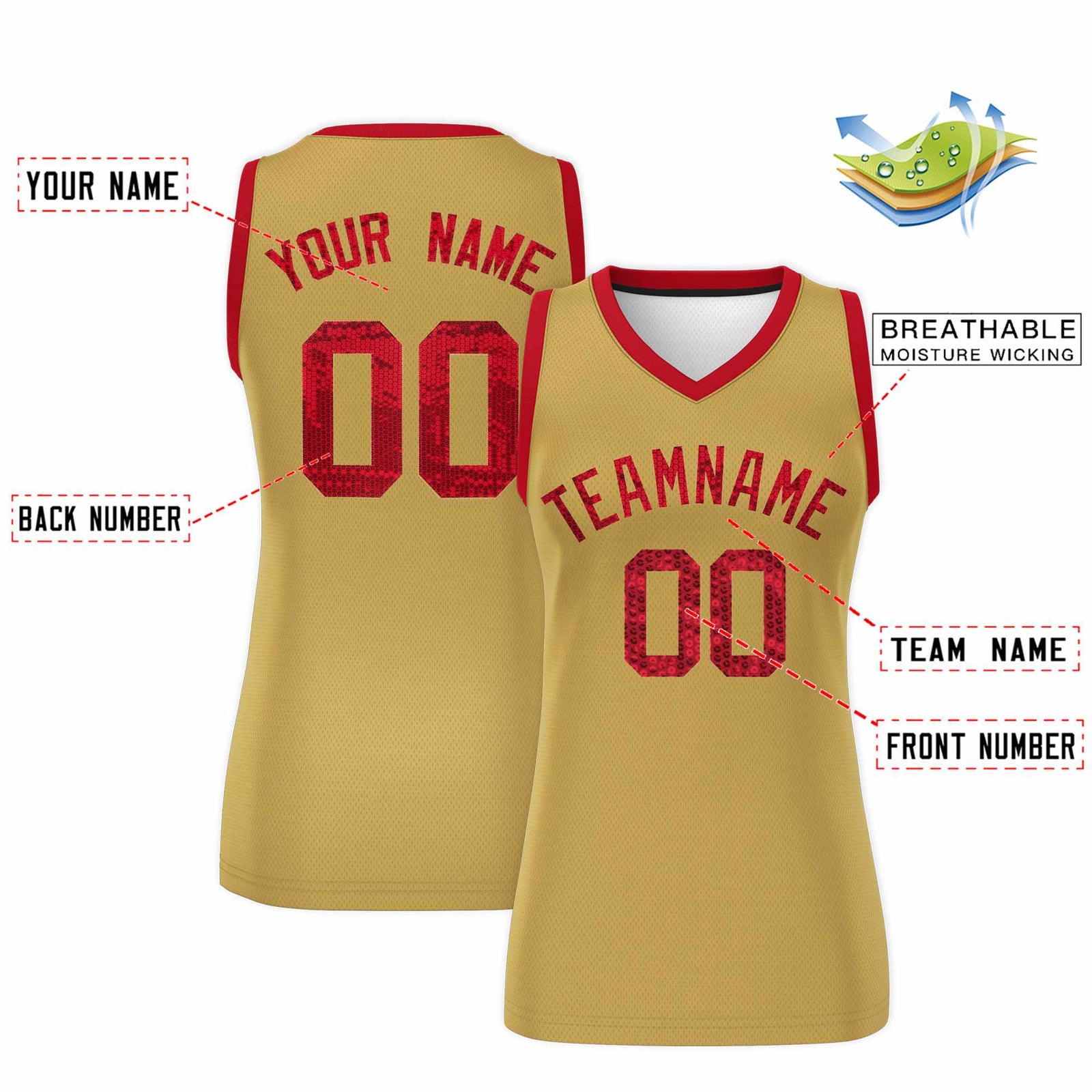 Custom Old Gold Red Women Basketball Jersey Sequined Dress
