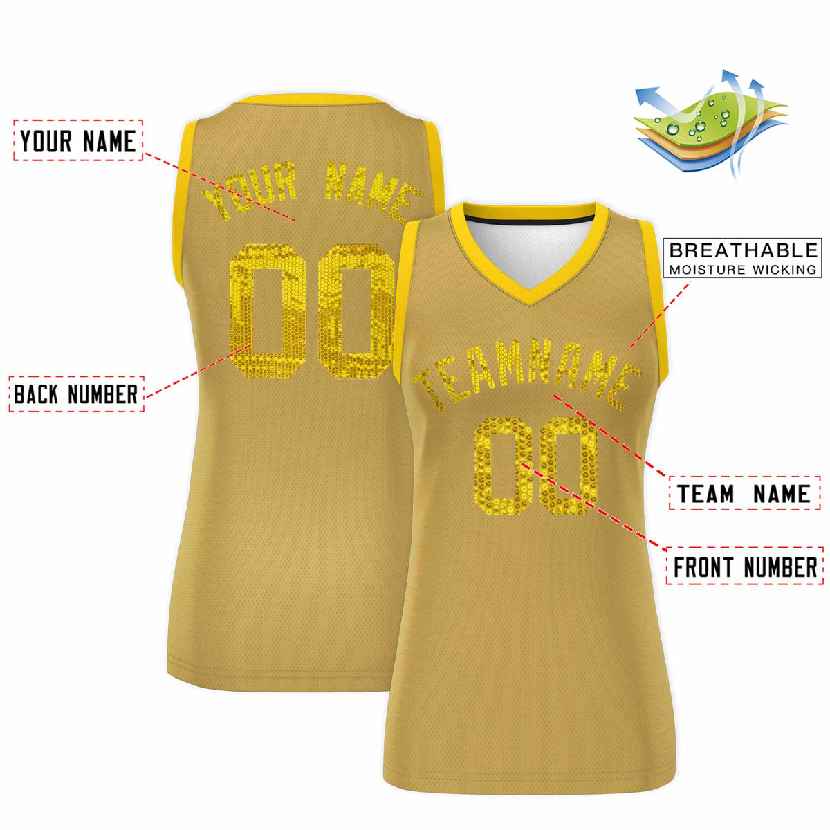 Custom Old Gold Gold Women Basketball Jersey Sequined Dress