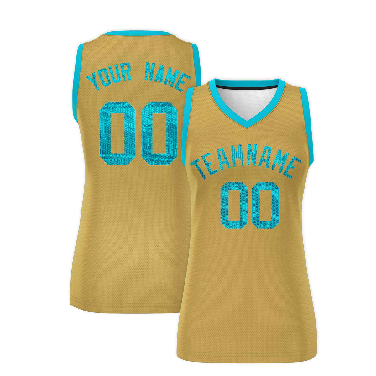 Custom Old Gold Sky Blue Women Basketball Jersey Sequined Dress