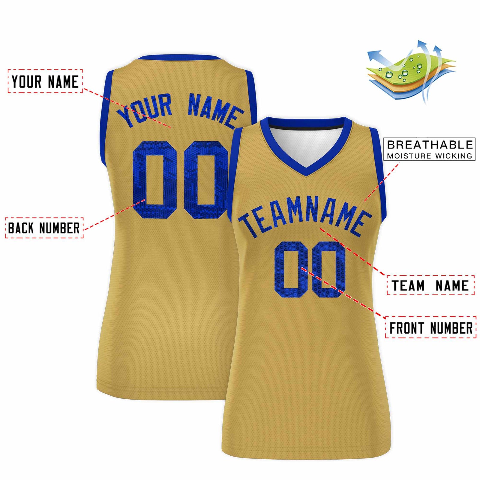Custom Old Gold Royal Women Basketball Jersey Sequined Dress