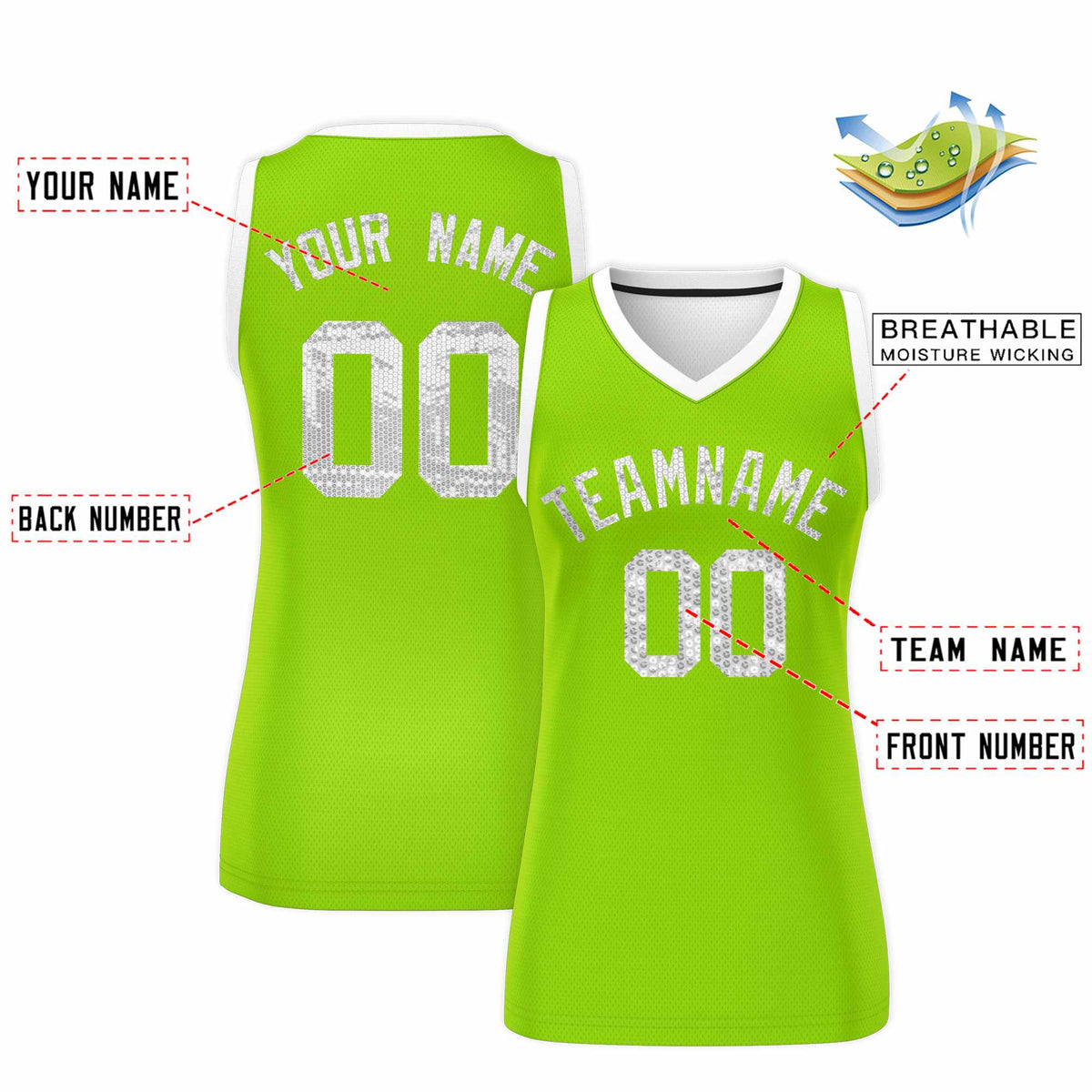 Custom Neon Green White Women Basketball Jersey Sequined Dress