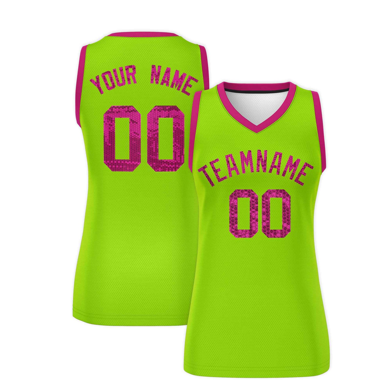Custom Neon Green Pink Women Basketball Jersey Sequined Dress