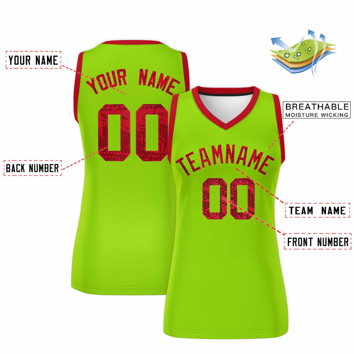 Custom Neon Green Red Women Basketball Jersey Sequined Dress