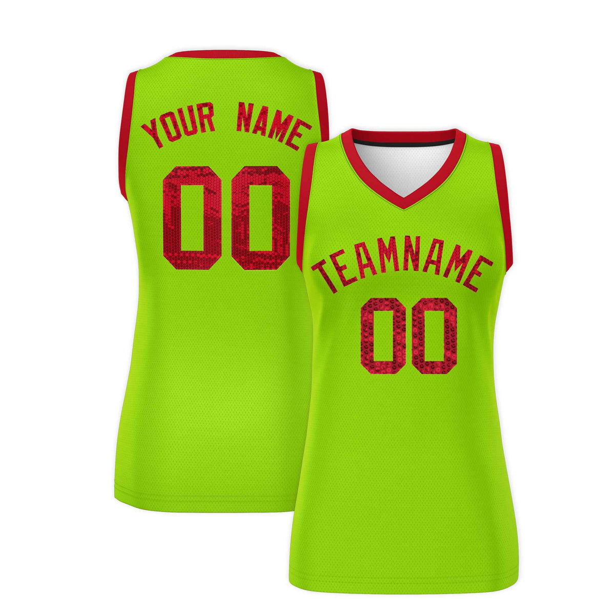 Custom Neon Green Red Women Basketball Jersey Sequined Dress