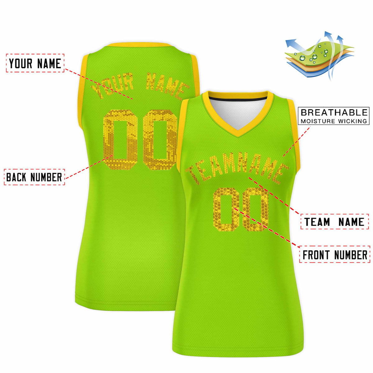 Custom Neon Green Gold Women Basketball Jersey Sequined Dress