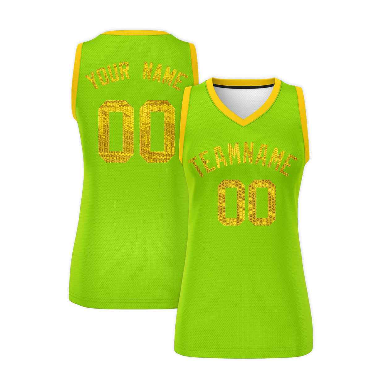 Custom Neon Green Gold Women Basketball Jersey Sequined Dress