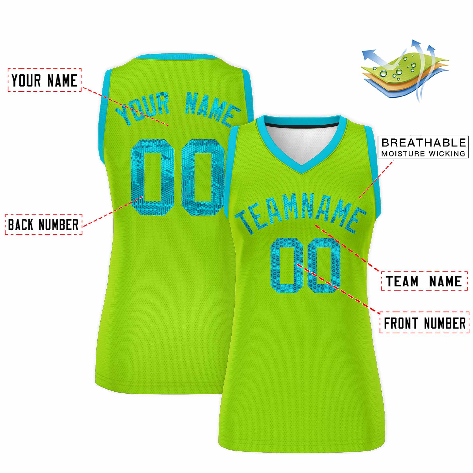 Custom Neon Green Sky Blue Women Basketball Jersey Sequined Dress