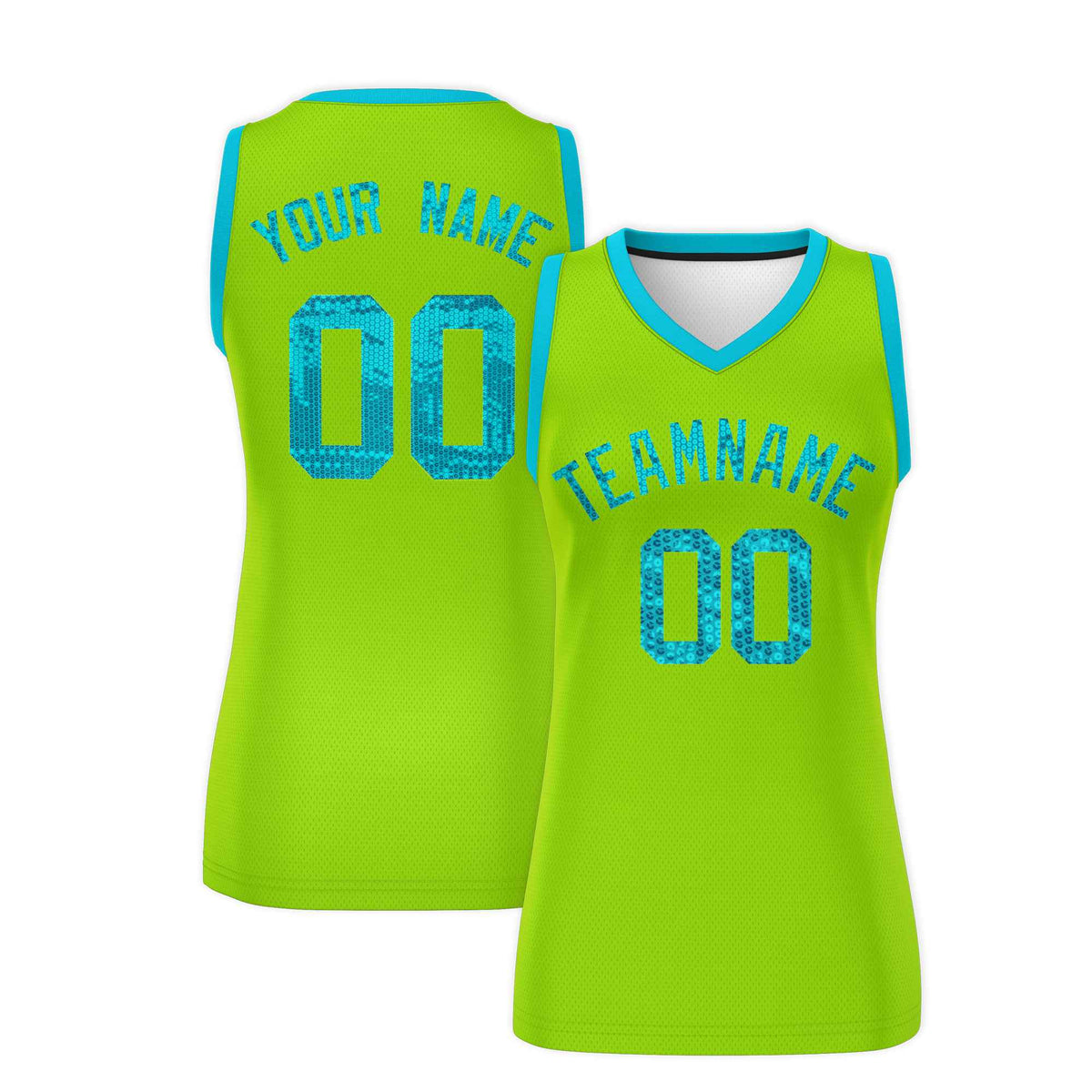 Custom Neon Green Sky Blue Women Basketball Jersey Sequined Dress