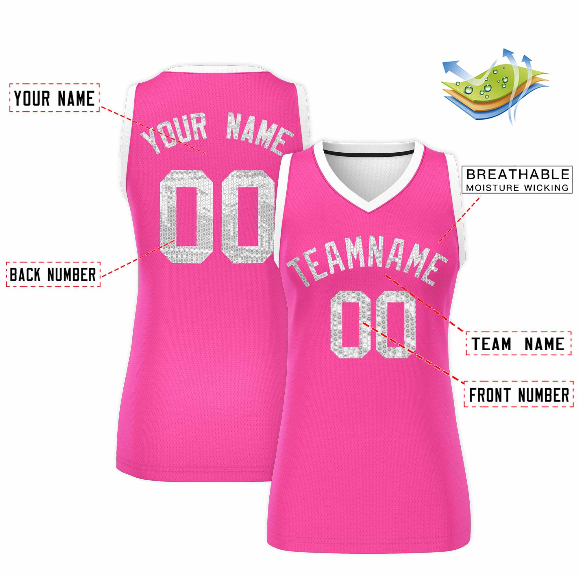 Custom Pink White Women Basketball Jersey Sequined Dress