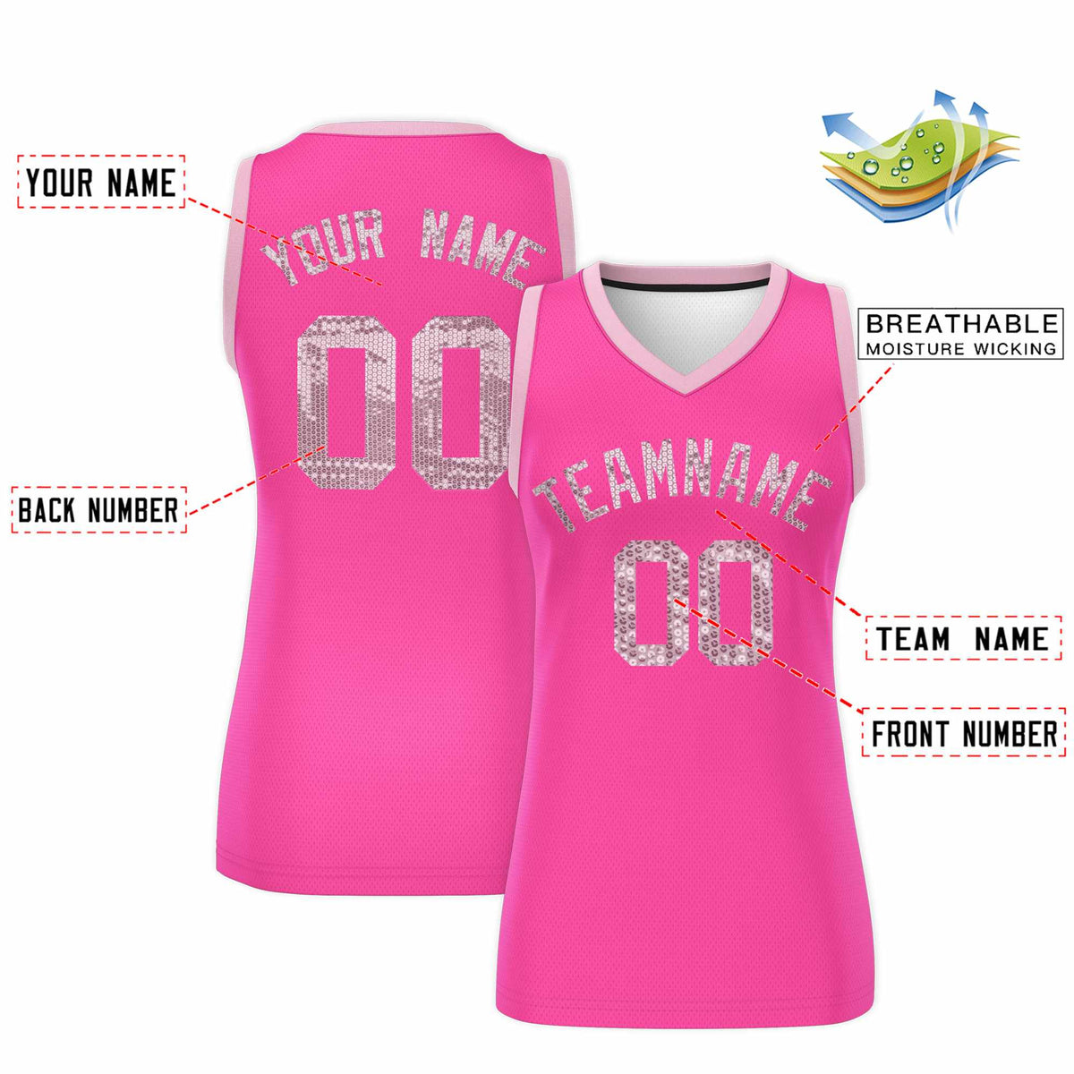 Custom Pink Light Pink Women Basketball Jersey Sequined Dress