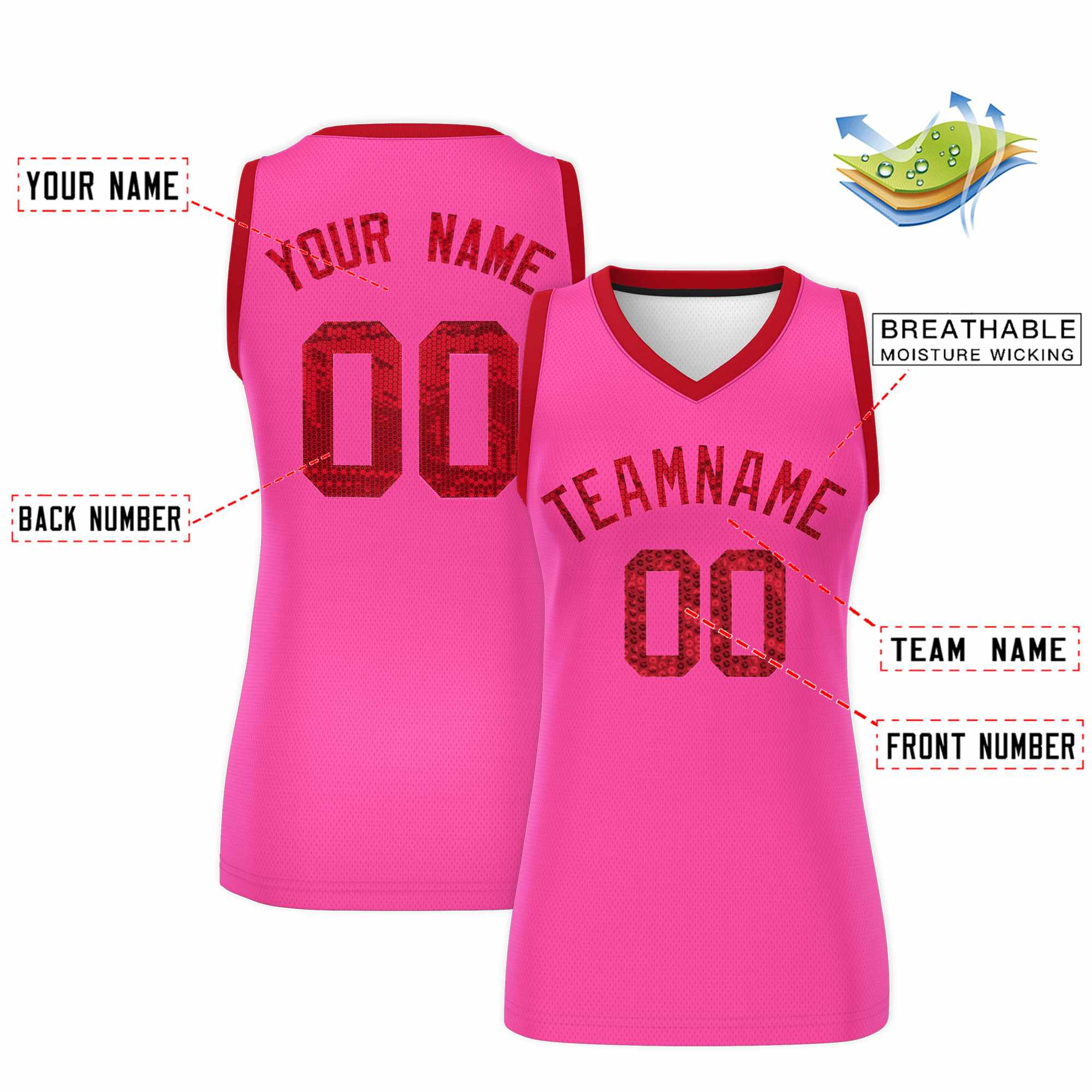 Custom Pink Red Women Basketball Jersey Sequined Dress