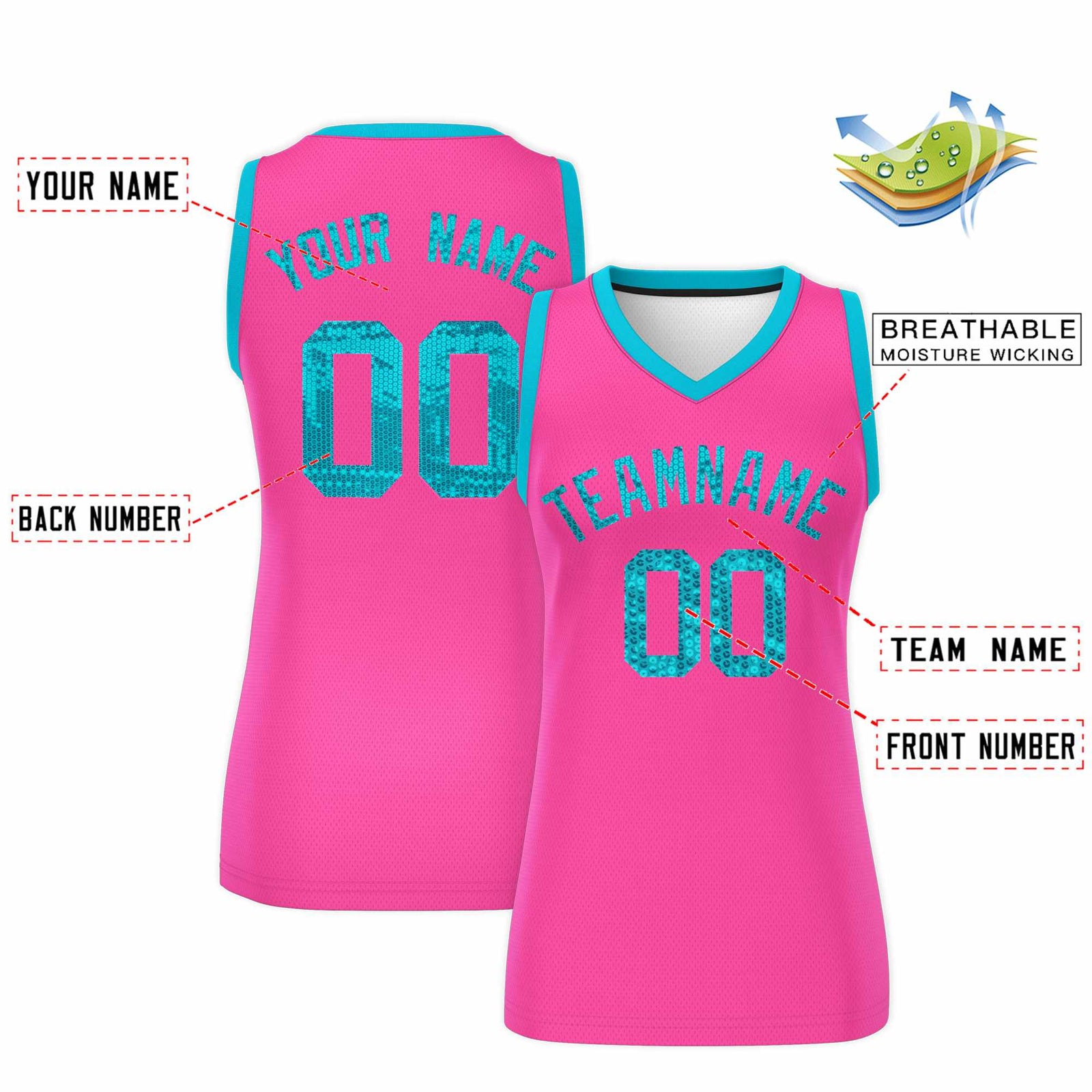 Custom Pink Sky Blue Women Basketball Jersey Sequined Dress