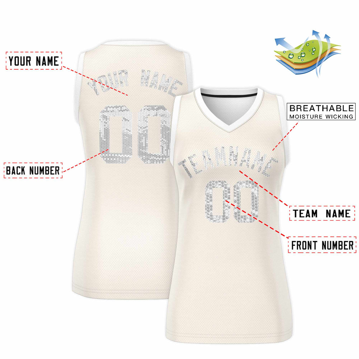 Custom Cream White Women Basketball Jersey Sequined Dress
