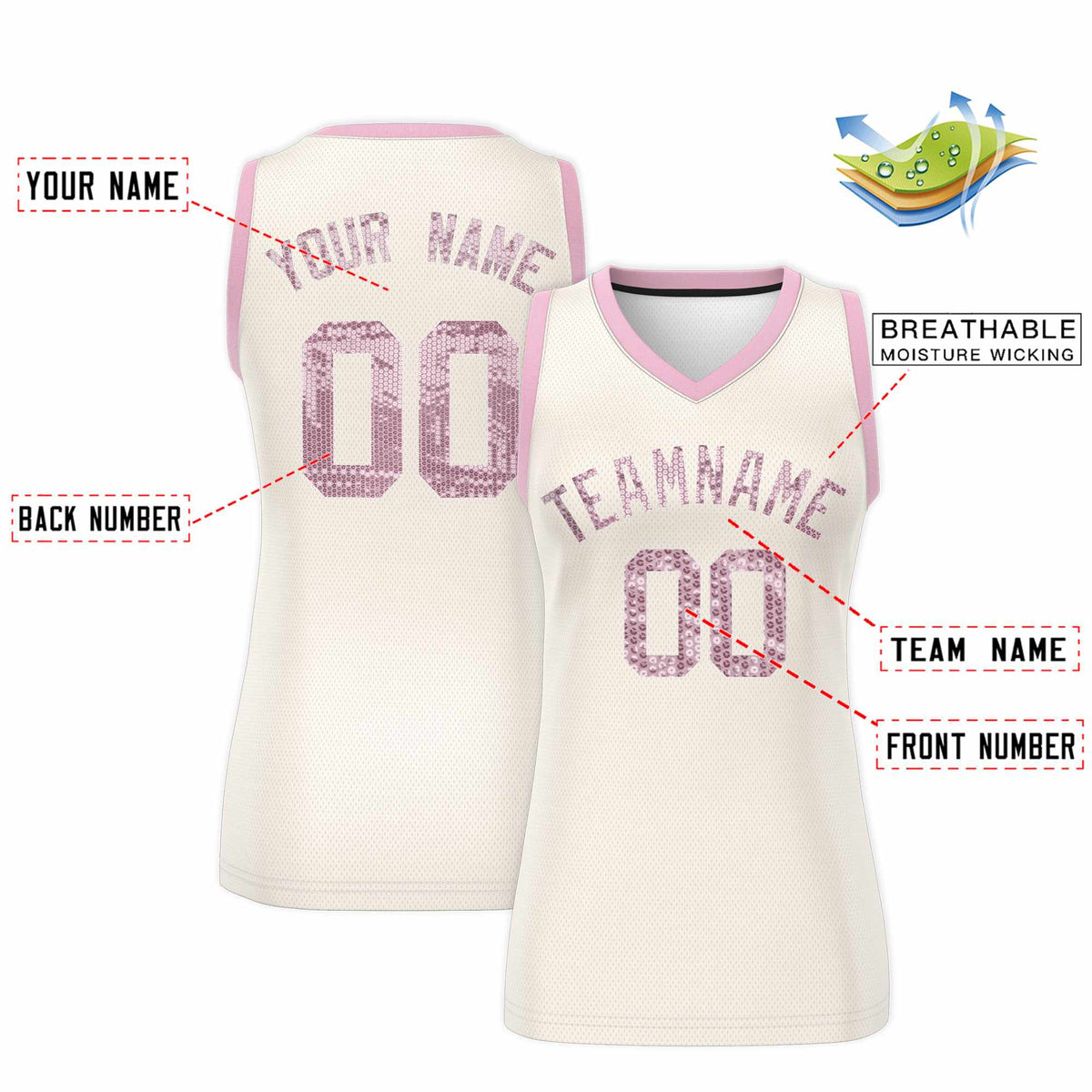 Custom Cream Light Pink Women Basketball Jersey Sequined Dress