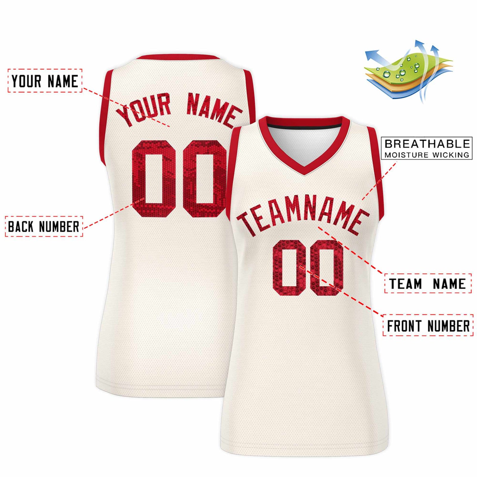 Custom Cream Red Women Basketball Jersey Sequined Dress