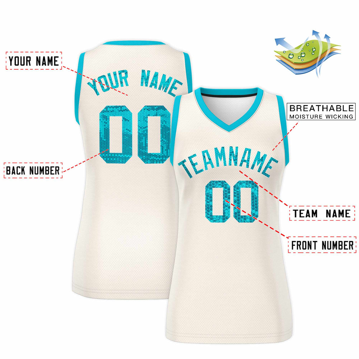 Custom Cream Sky Blue Women Basketball Jersey Sequined Dress
