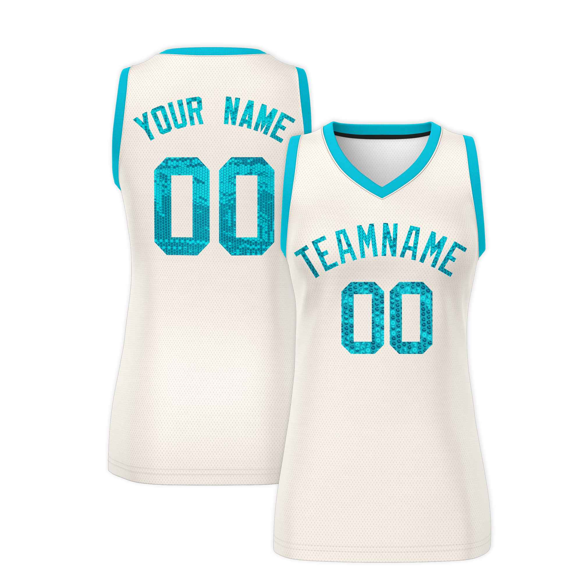 Custom Cream Sky Blue Women Basketball Jersey Sequined Dress