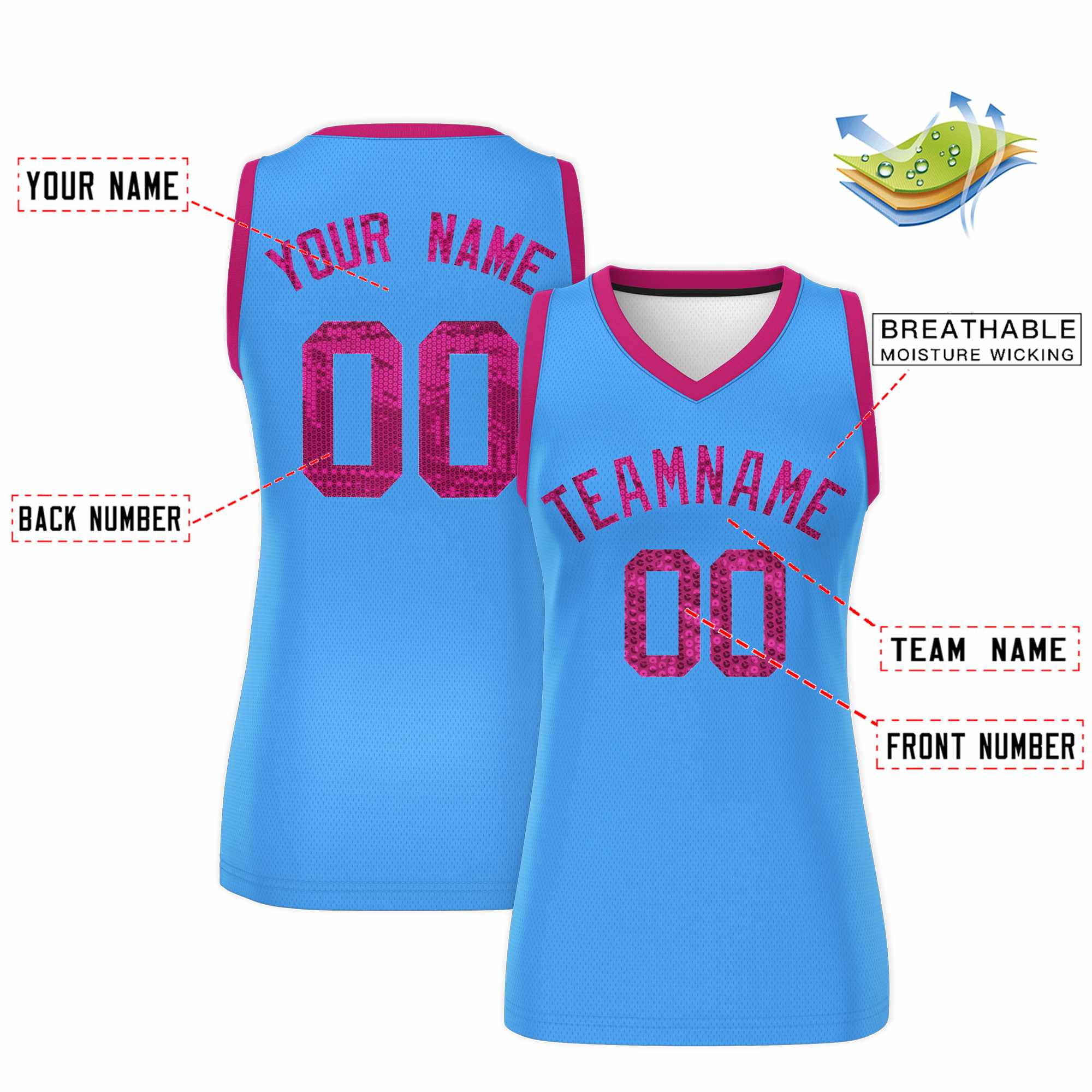 Custom Powder Blue Pink Women Basketball Jersey Sequined Dress