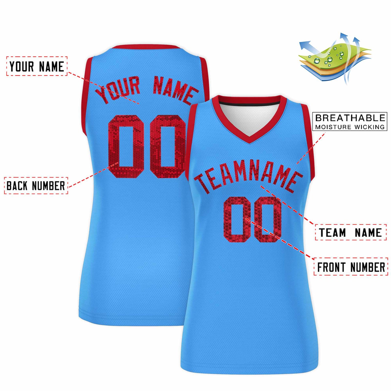 Custom Powder Blue Red Women Basketball Jersey Sequined Dress