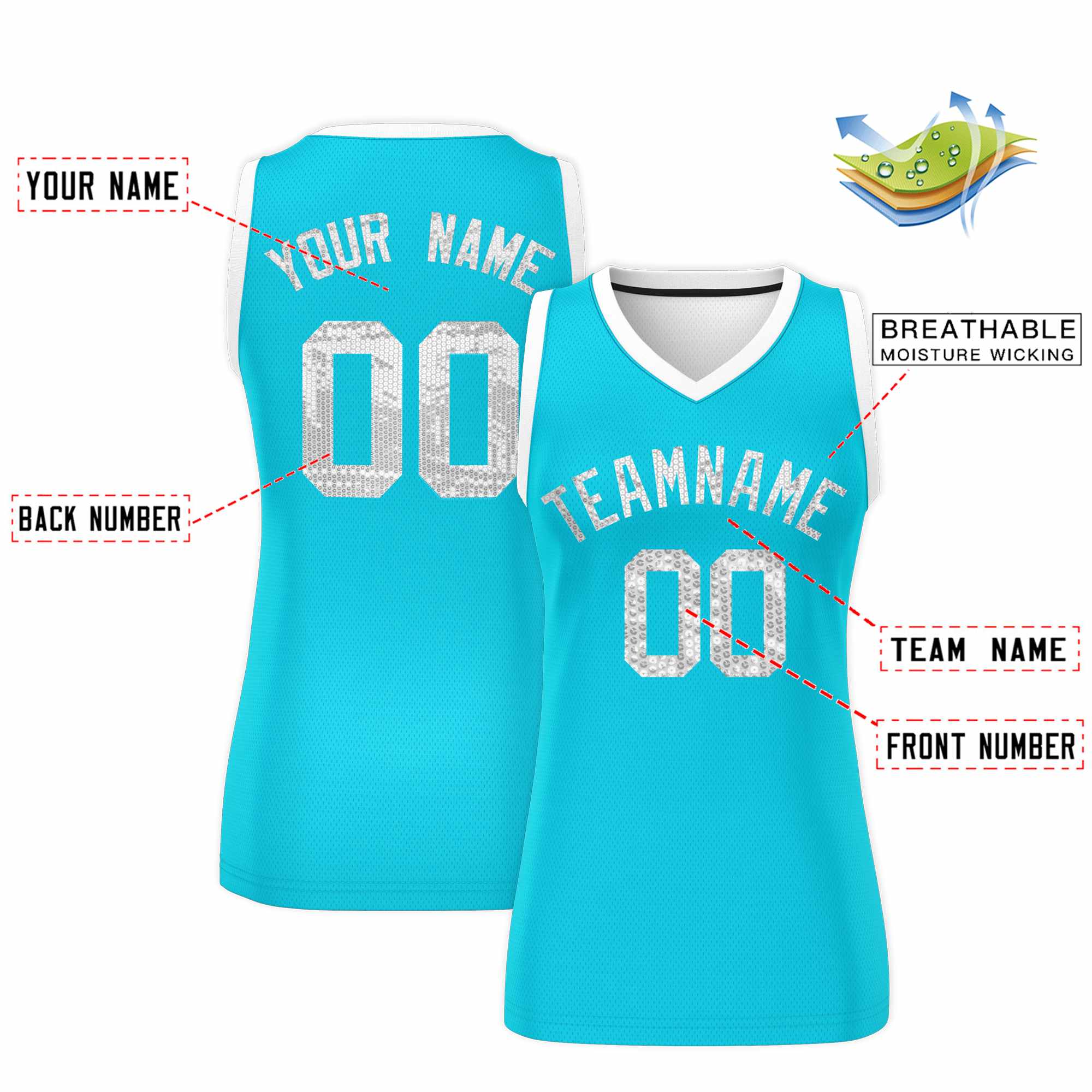 Custom Sky Blue White Women Basketball Jersey Sequined Dress