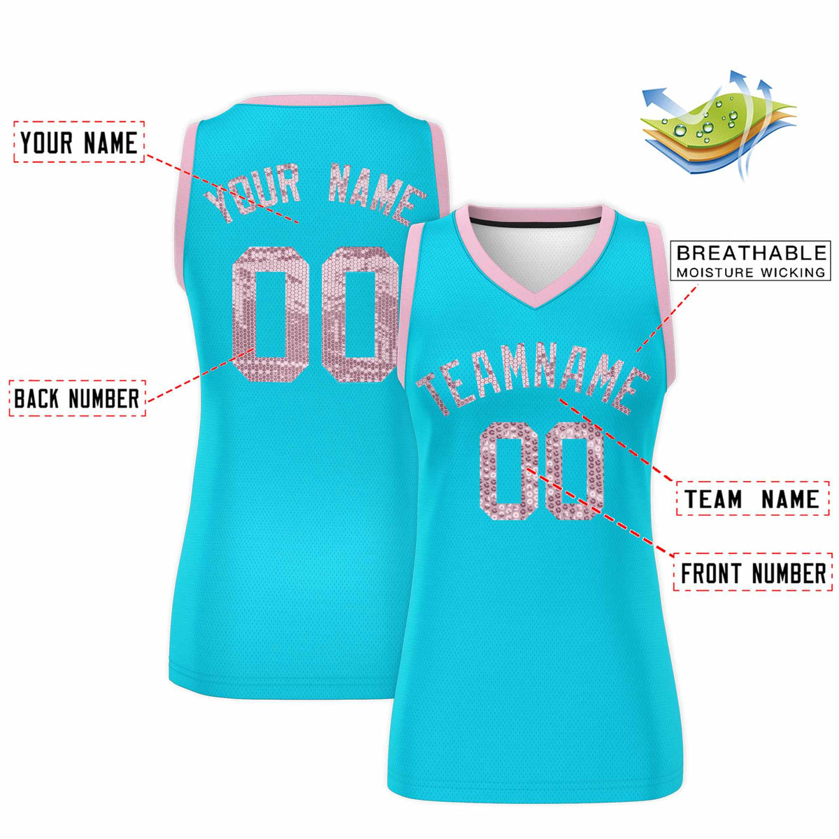 Custom Sky Blue Light Pink Women Basketball Jersey Sequined Dress