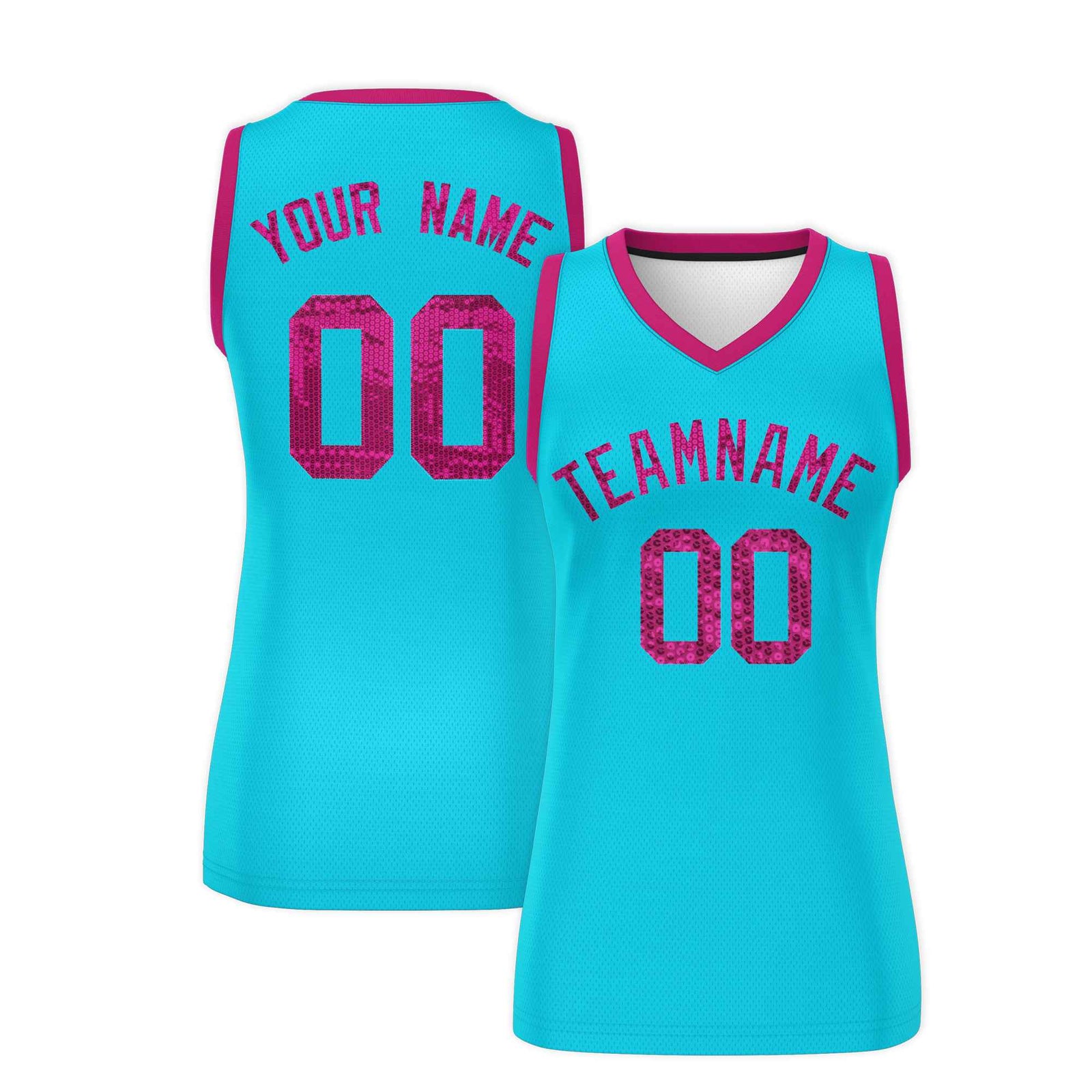 Custom Sky Blue Pink Women Basketball Jersey Sequined Dress