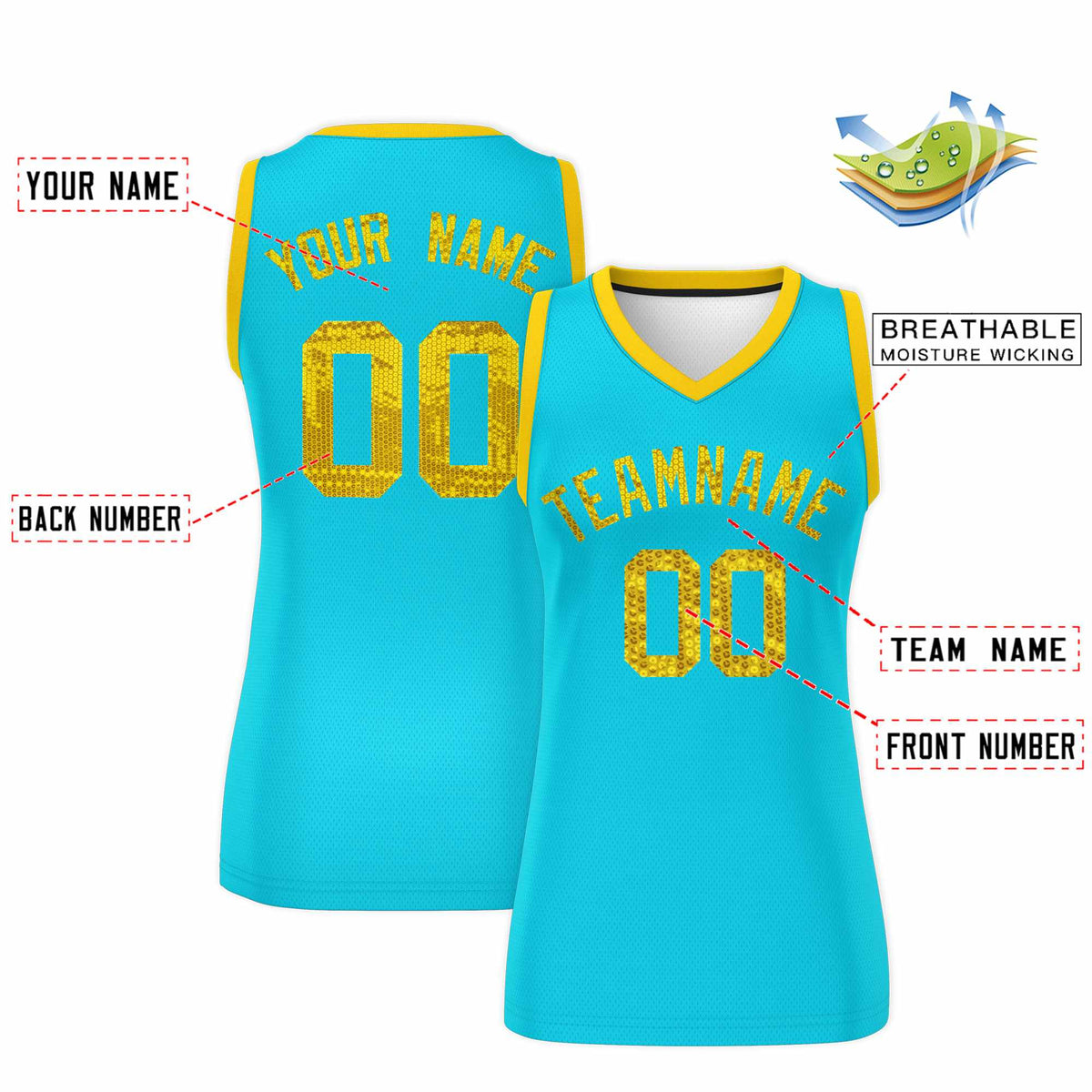Custom Sky Blue Gold Women Basketball Jersey Sequined Dress