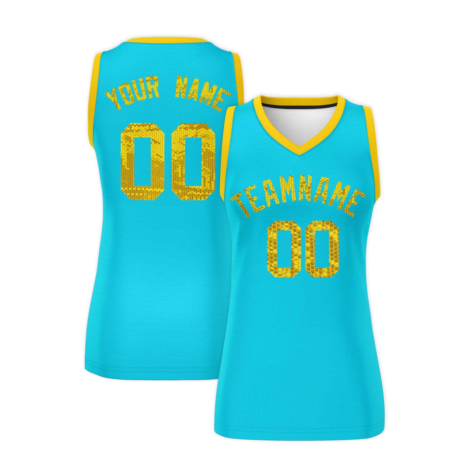 Custom Sky Blue Gold Women Basketball Jersey Sequined Dress