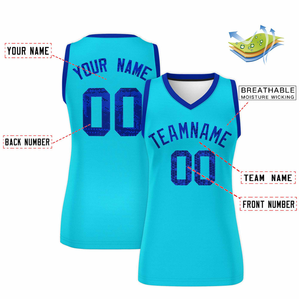 Custom Sky Blue Royal Women Basketball Jersey Sequined Dress