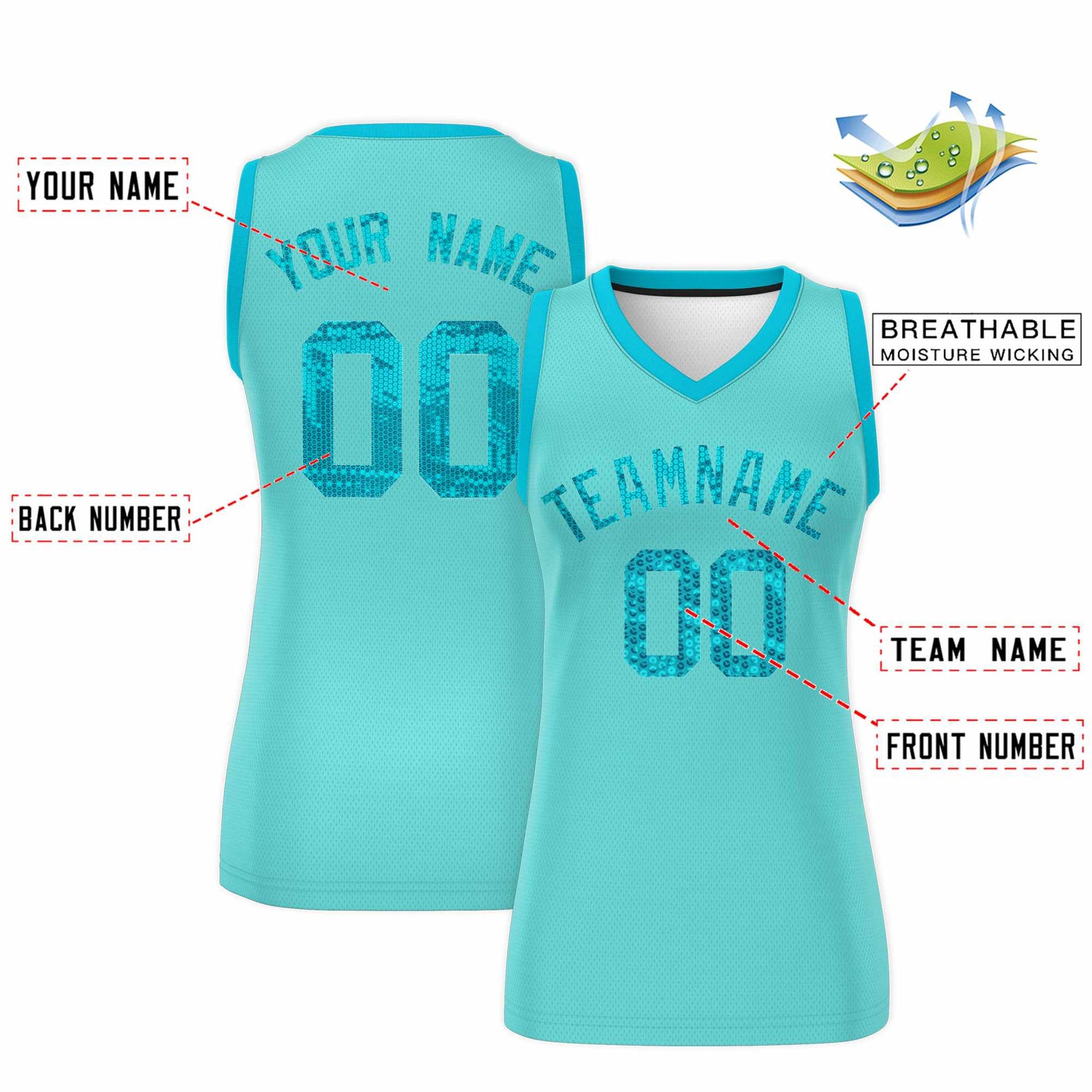 Custom Bright Green Sky Blue Women Basketball Jersey Sequined Dress