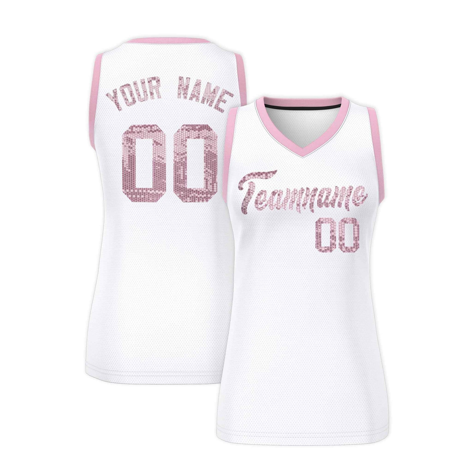 Custom White Light Pink Women Basketball Jersey Sequined Dress