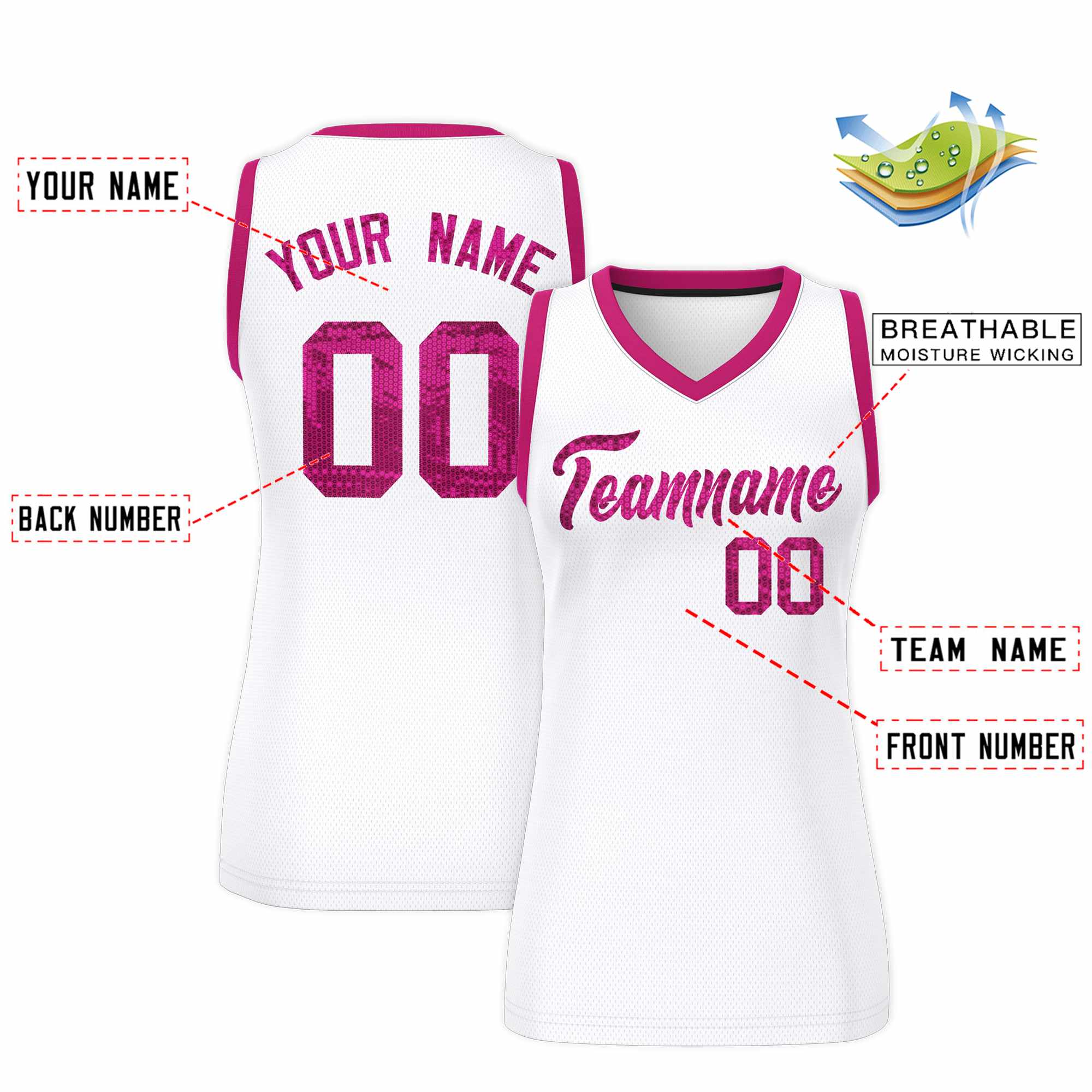 Custom White Pink Women Basketball Jersey Sequined Dress
