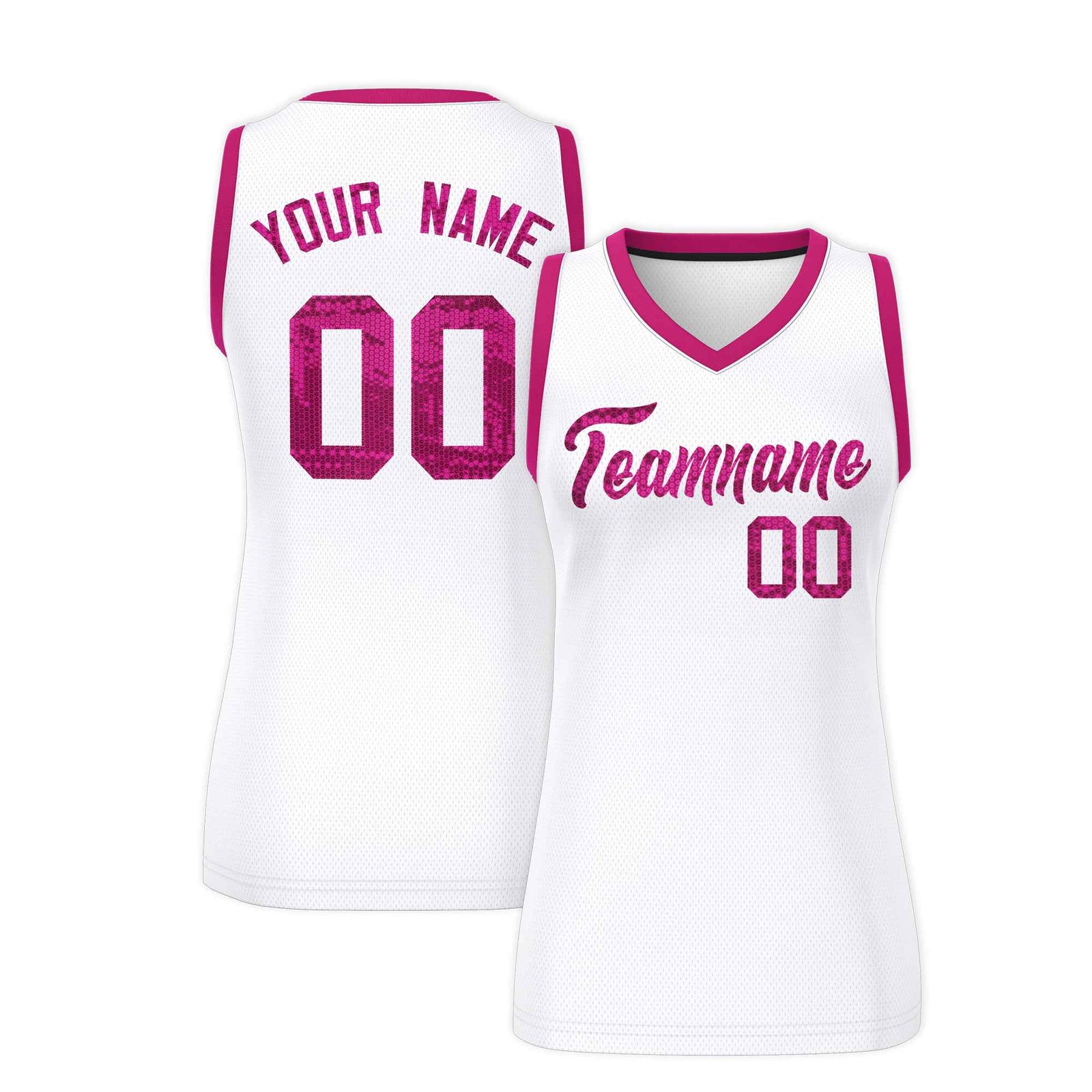 Custom White Pink Women Basketball Jersey Sequined Dress