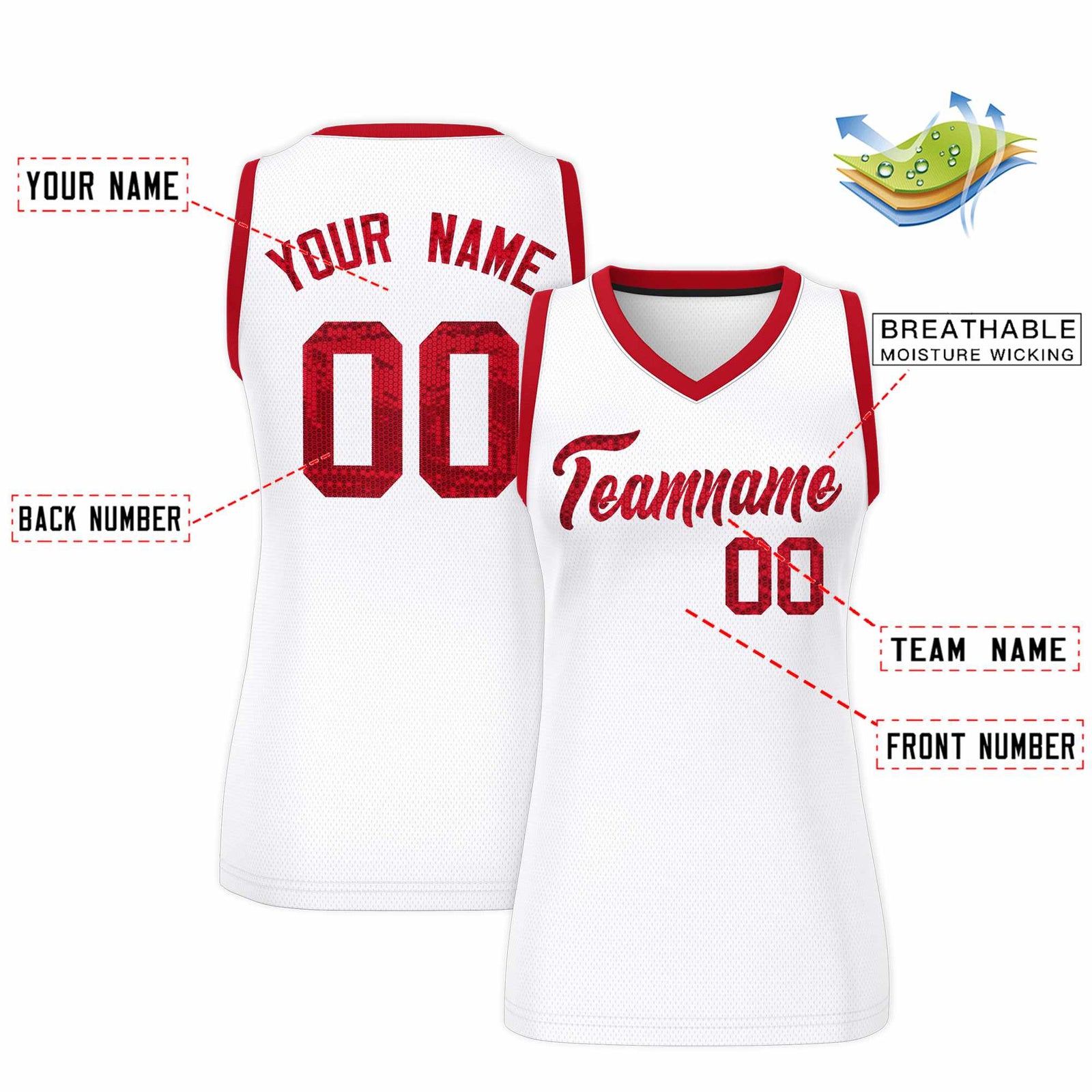 Custom White Red Women Basketball Jersey Sequined Dress