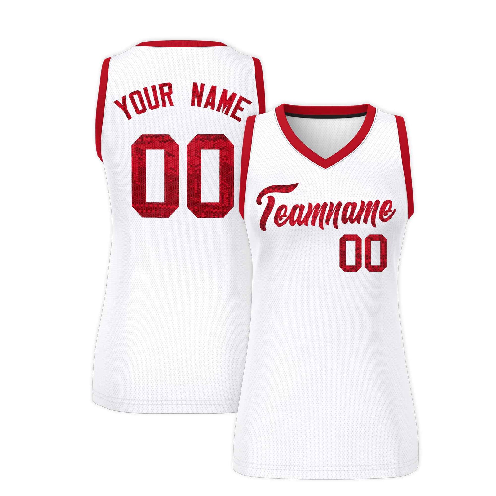 Custom White Red Women Basketball Jersey Sequined Dress