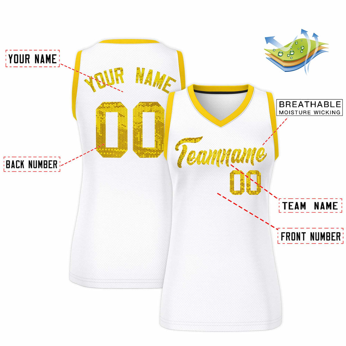 Custom White Gold Women Basketball Jersey Sequined Dress
