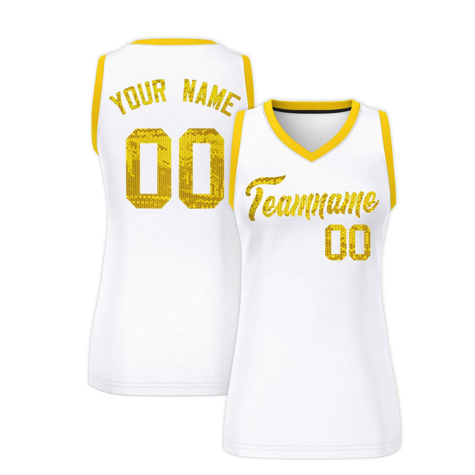 Custom White Gold Women Basketball Jersey Sequined Dress