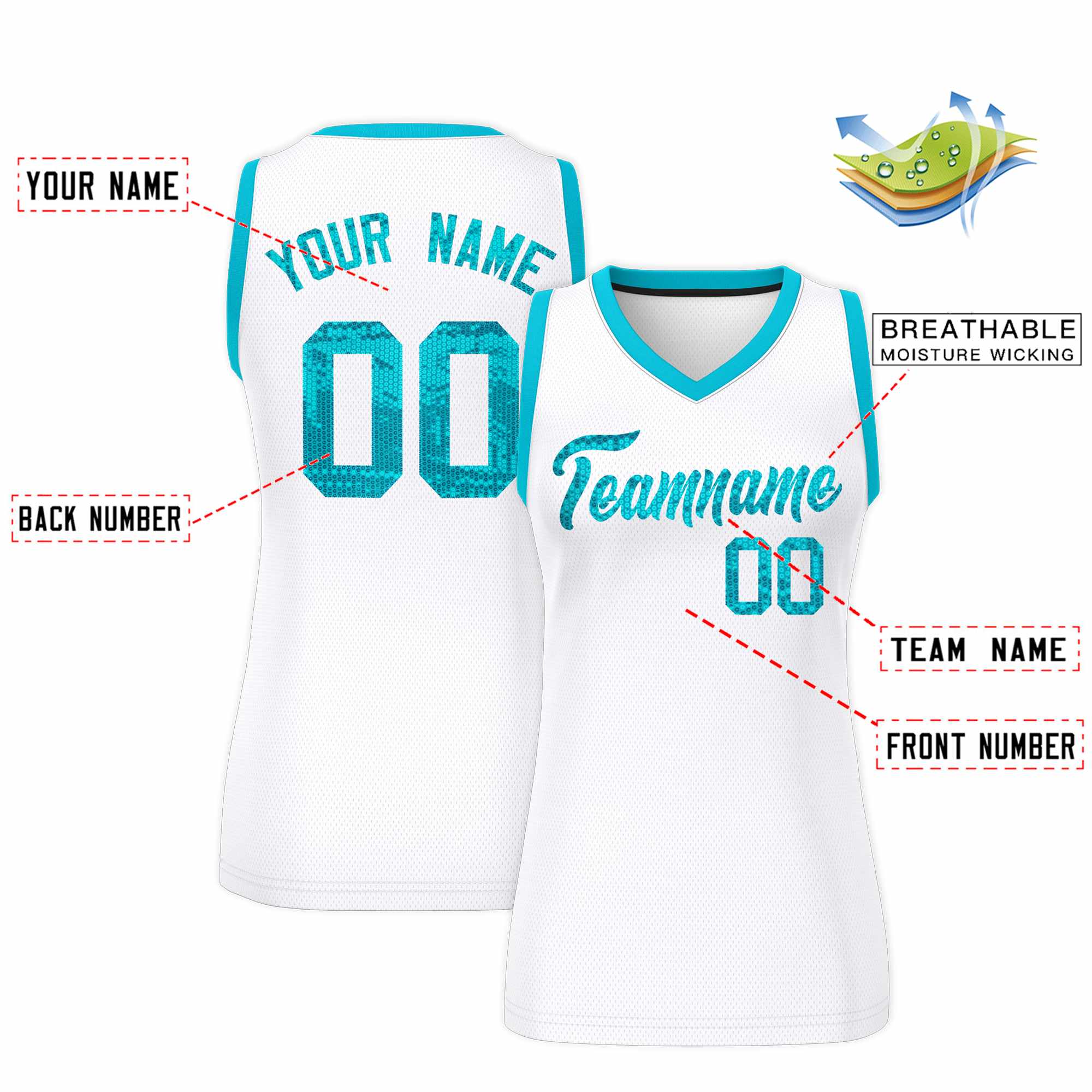 Custom White Sky Blue Women Basketball Jersey Sequined Dress