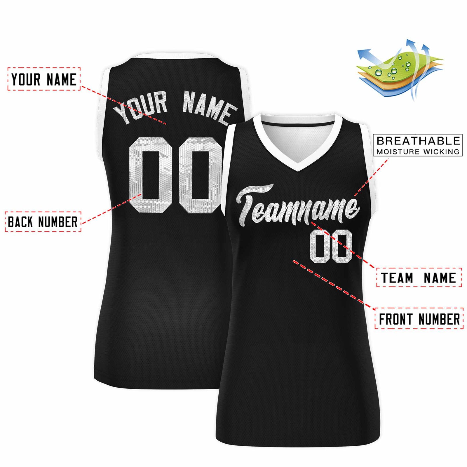 Custom Black White Women Basketball Jersey Sequined Dress