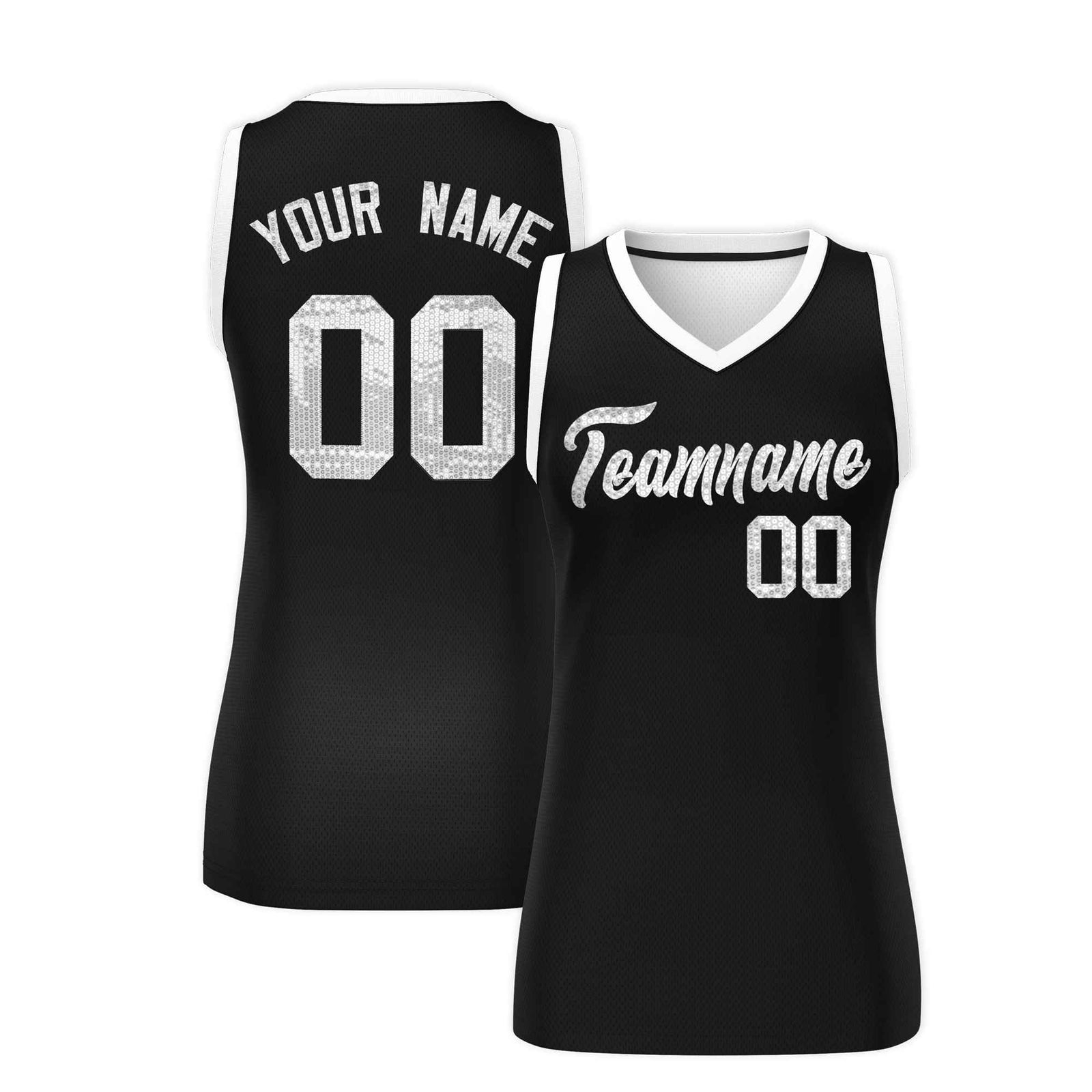 Custom Black White Women Basketball Jersey Sequined Dress