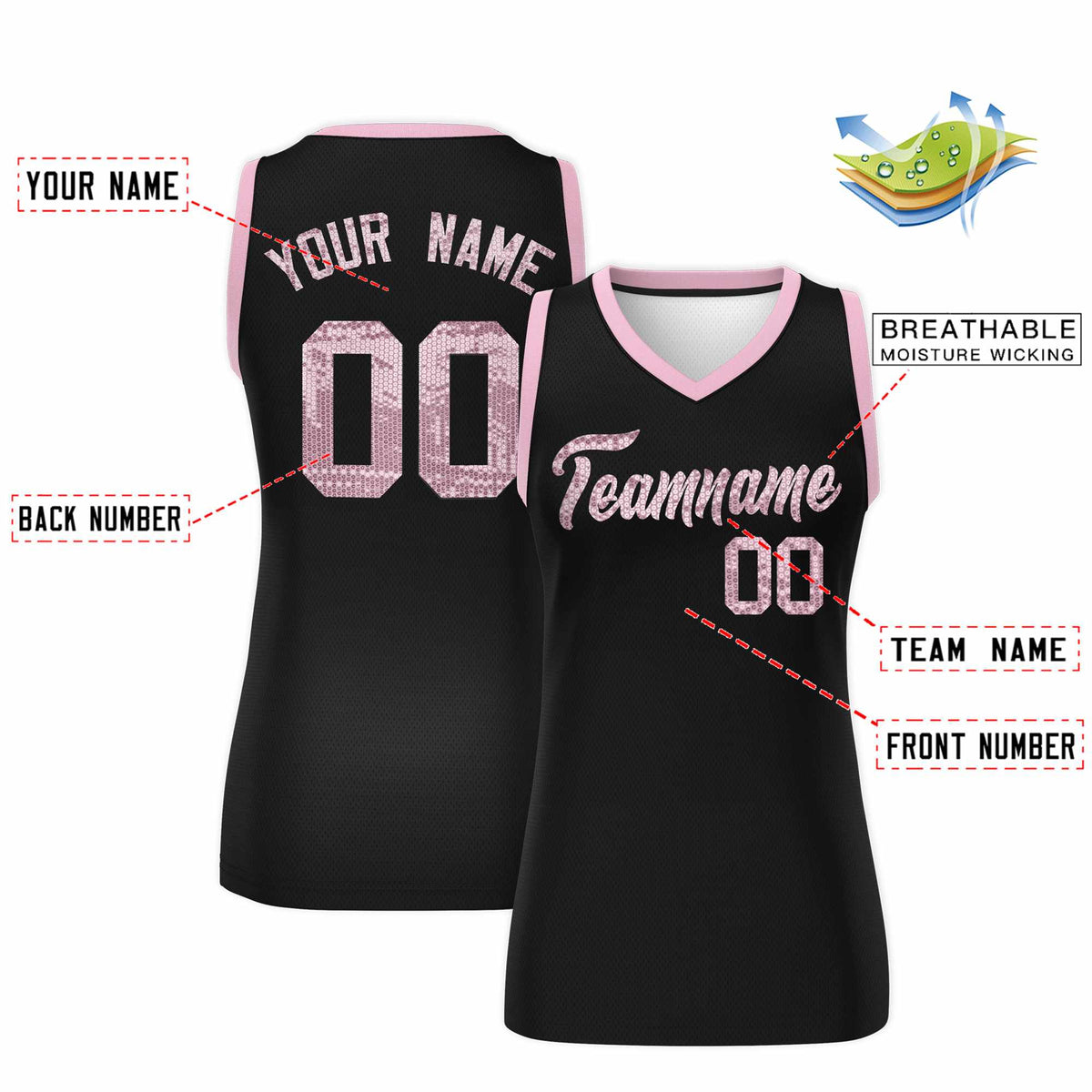 Custom Black Light Pink Women Basketball Jersey Sequined Dress