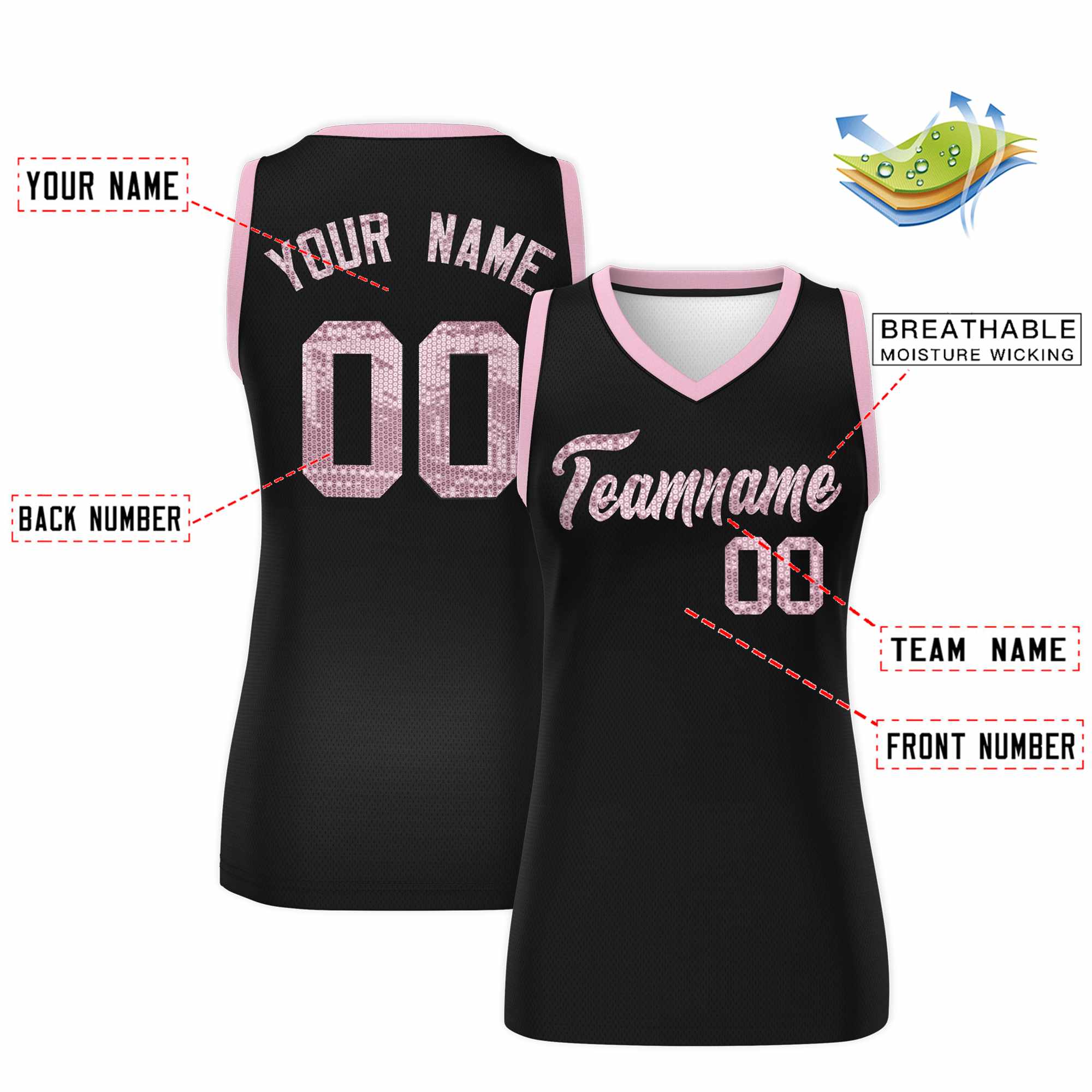 Custom Black Light Pink Women Basketball Jersey Sequined Dress